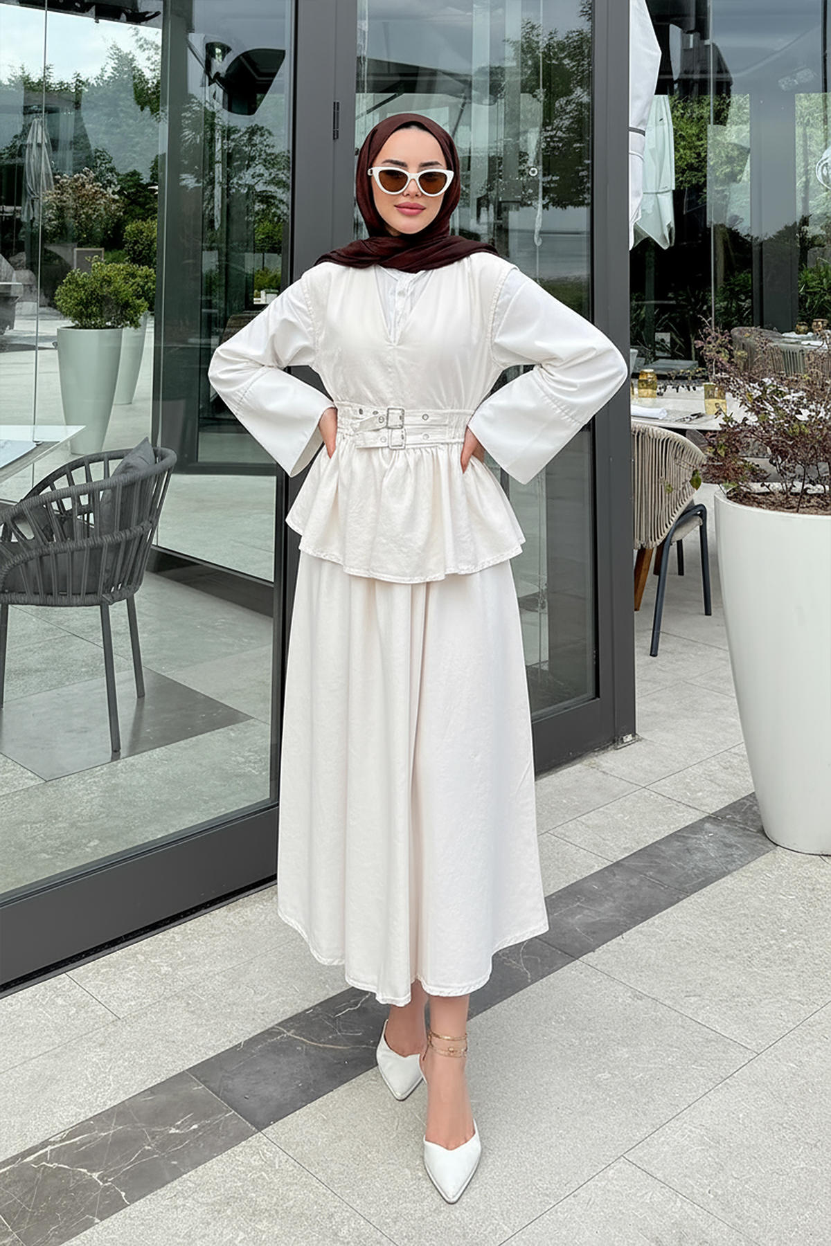 Tokalı Yelekli Denim Takım 7165 - EKRU |  