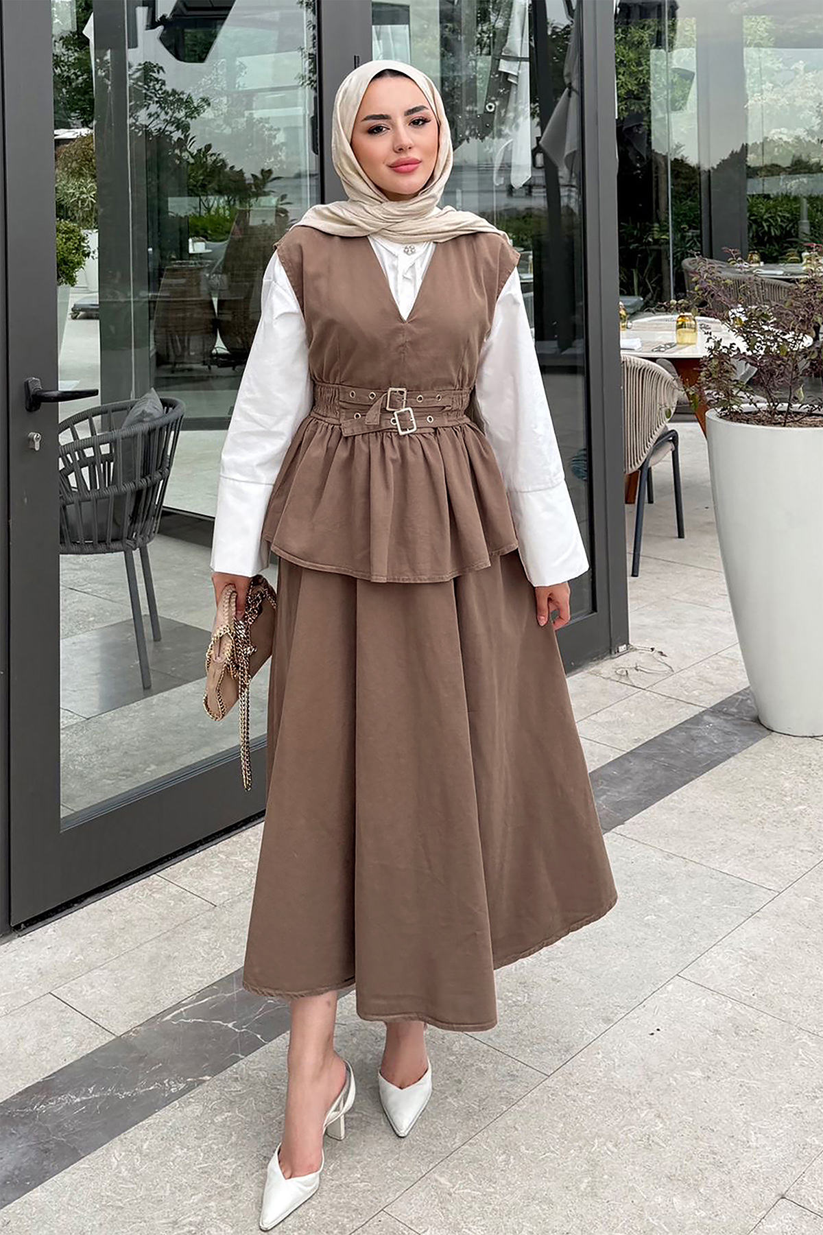 Tokalı Yelekli Denim Takım 7165 - KAHVERENGİ |  