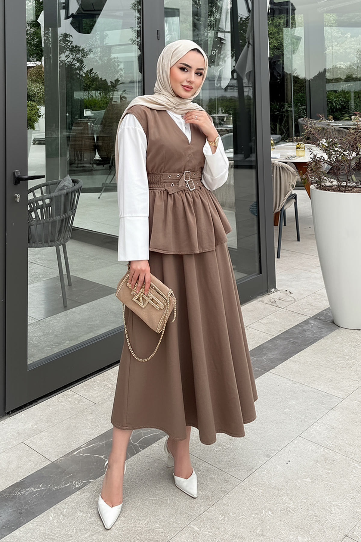 Tokalı Yelekli Denim Takım 7165 - KAHVERENGİ |  