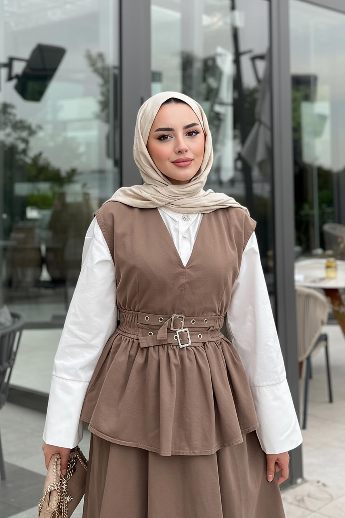 Tokalı Yelekli Denim Takım 7165 - KAHVERENGİ |  