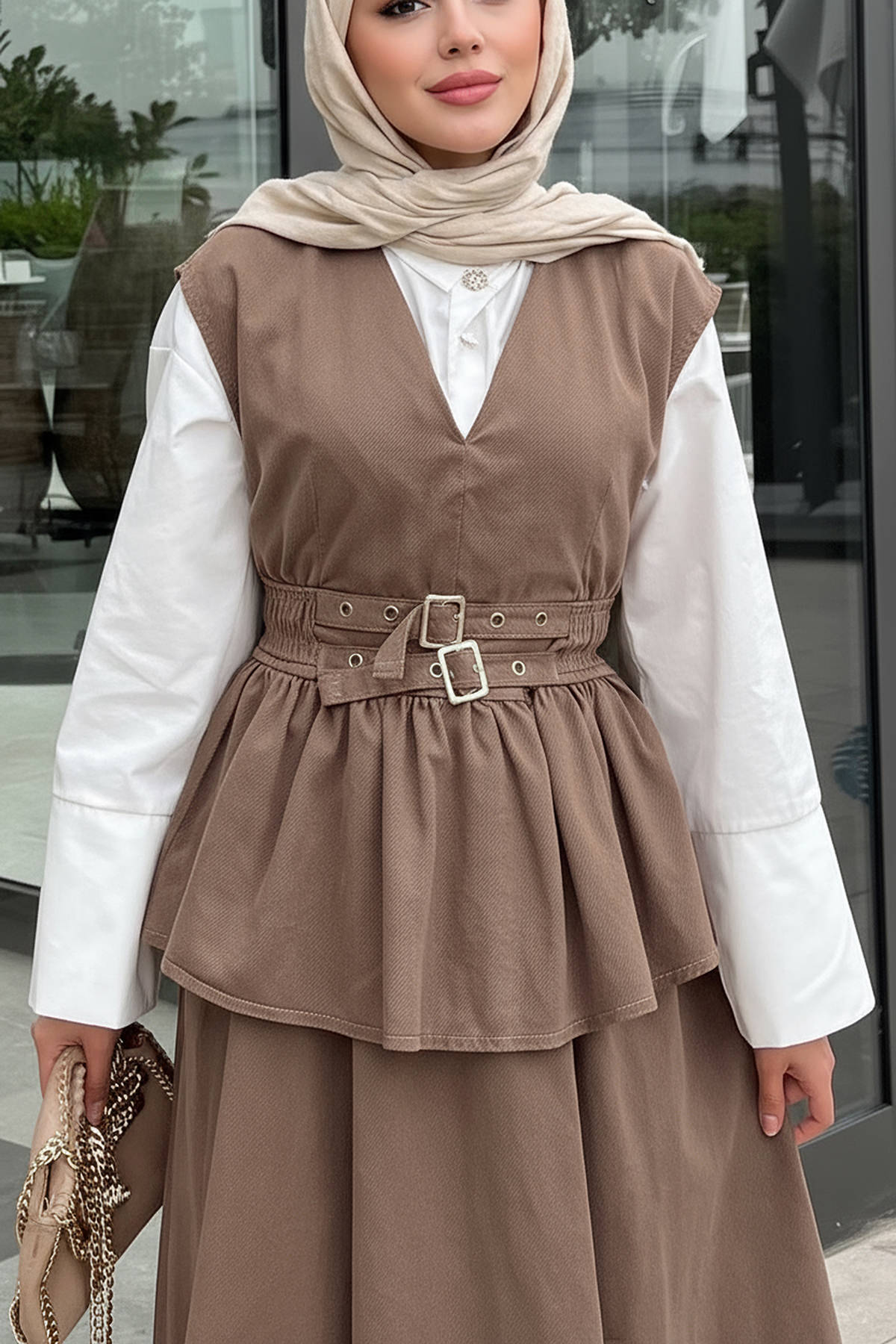 Tokalı Yelekli Denim Takım 7165 - KAHVERENGİ |  