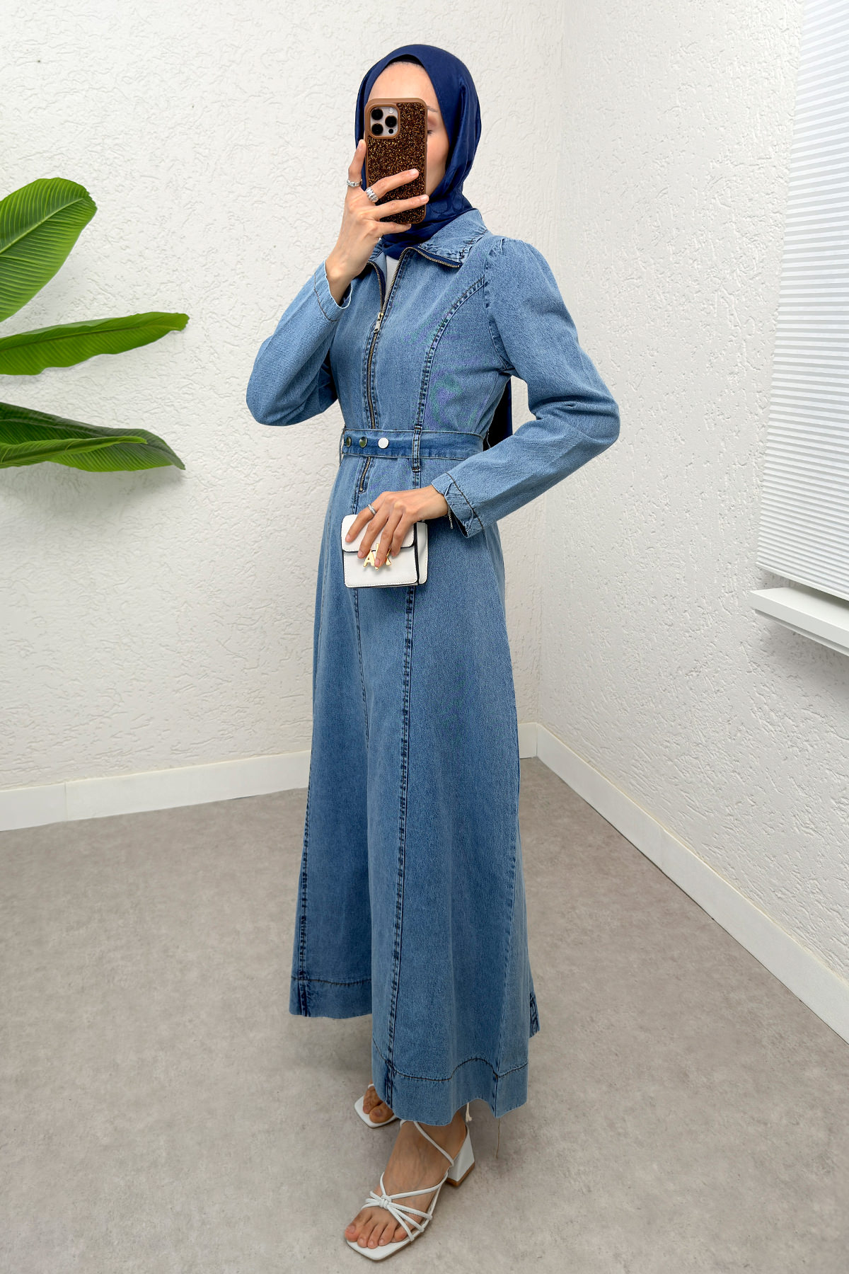 Yarım Fermuarlı Kot Elbise 6101 - MAVİ |  