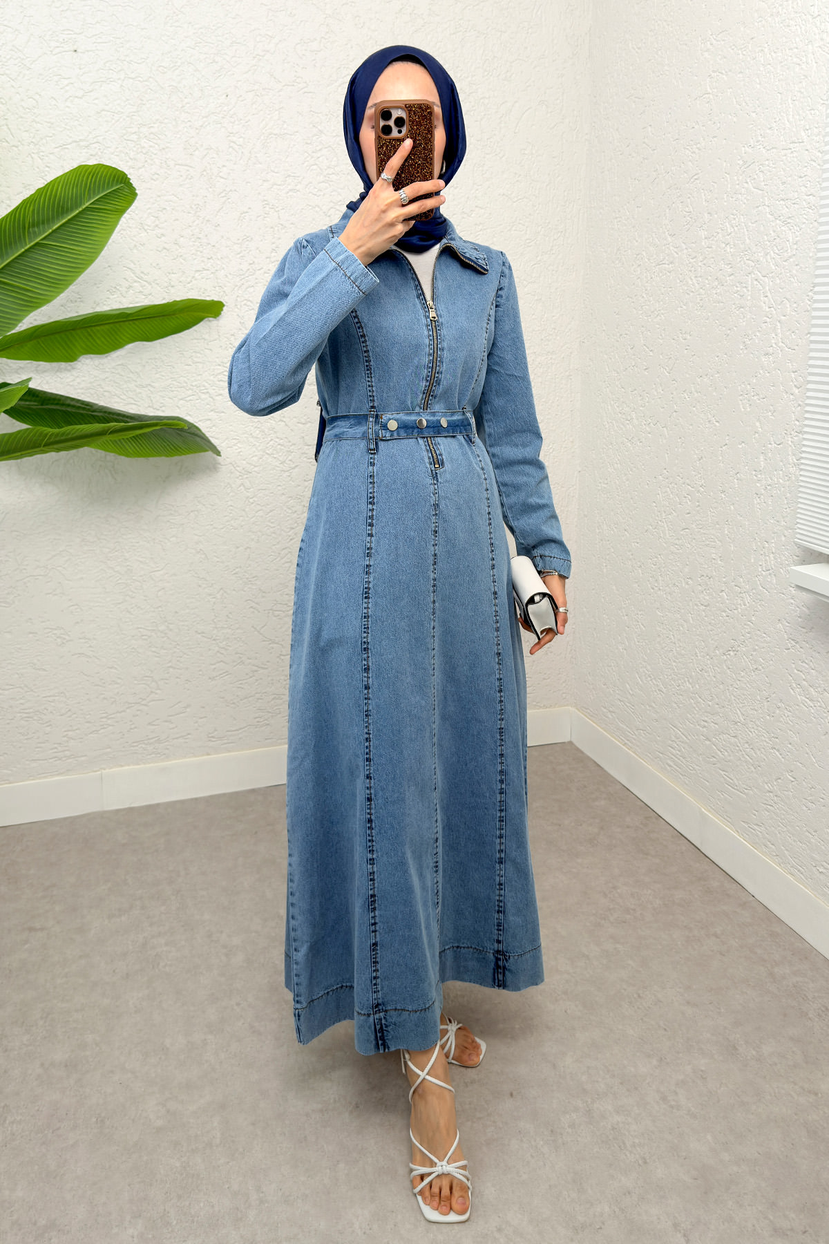 Yarım Fermuarlı Kot Elbise 6101 - MAVİ |  