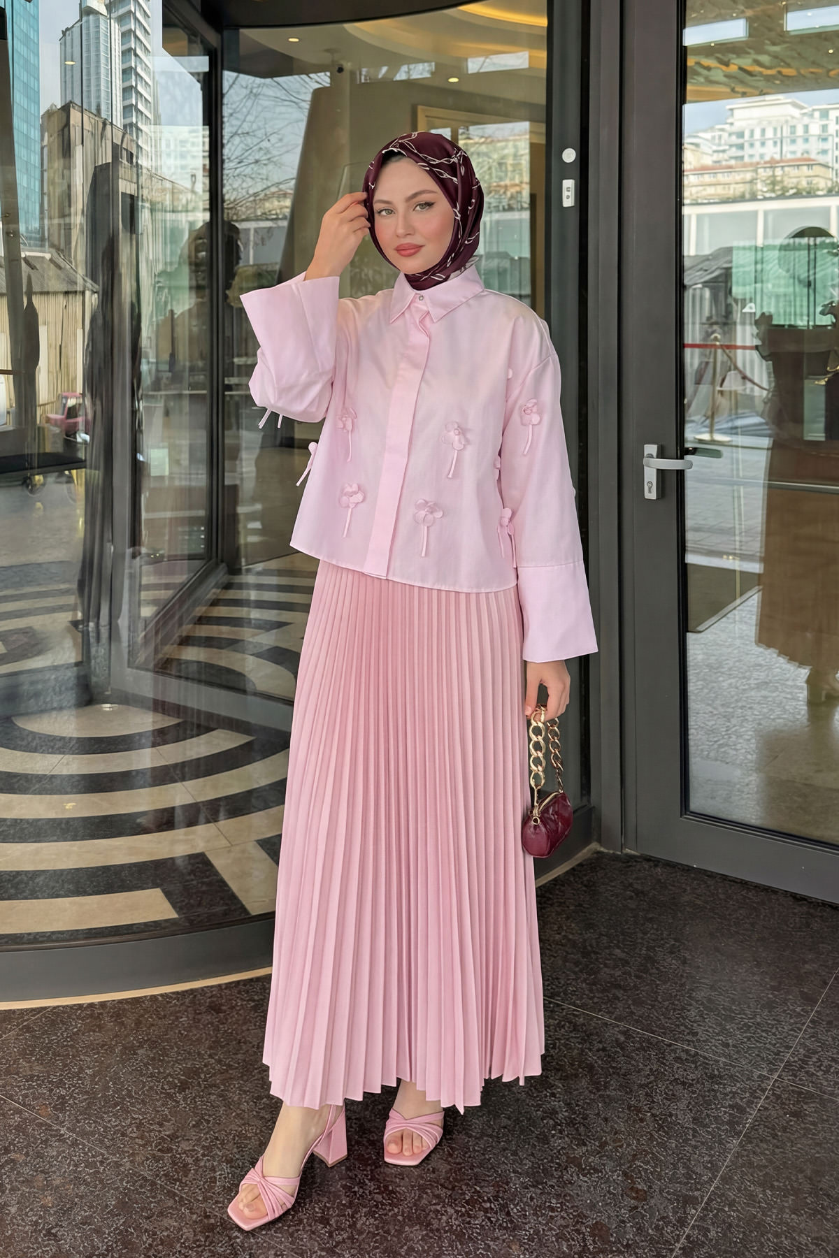 Çiçek Detaylı Gömlek 81019 - PEMBE |  