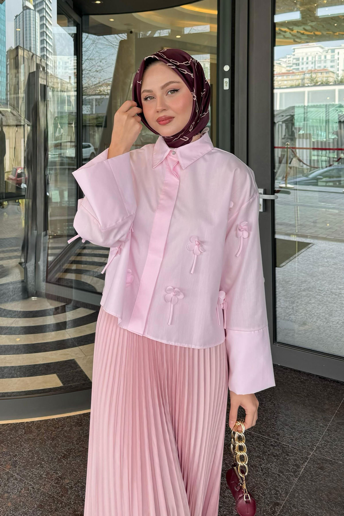 Çiçek Detaylı Gömlek 81019 - PEMBE |  