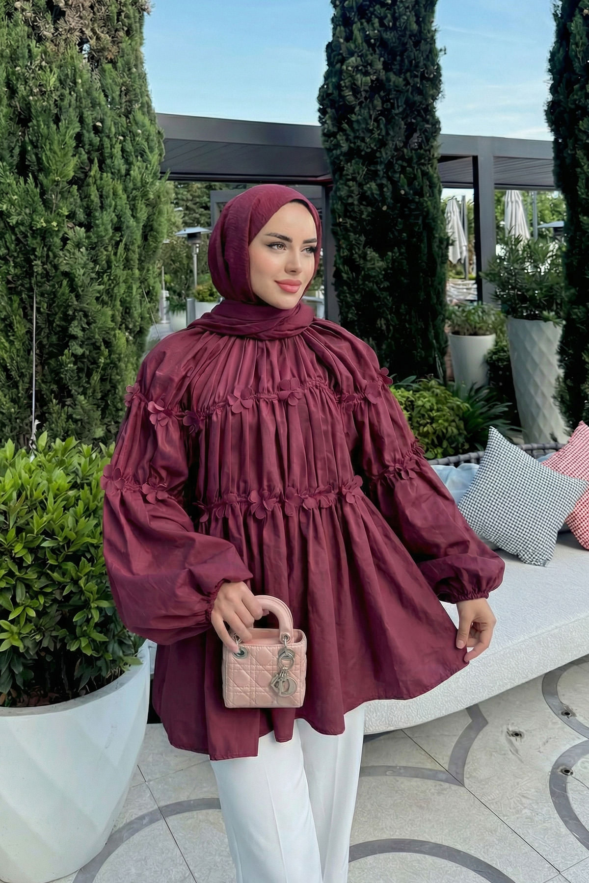 Reglan Çiçek Detaylı Tunik 81061 - BORDO |  