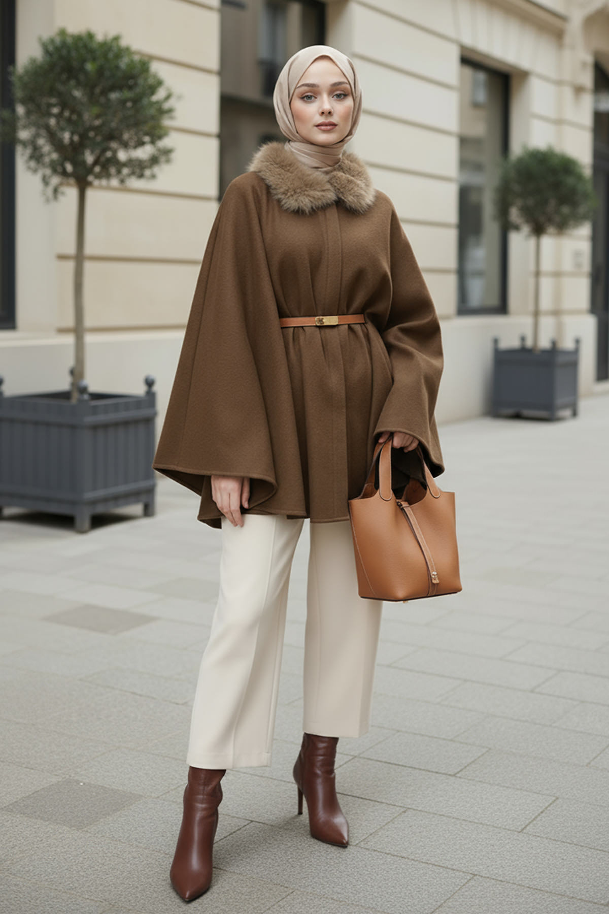 Kürk Yaka Kaşe Panço 81204 - KAHVERENGİ |  