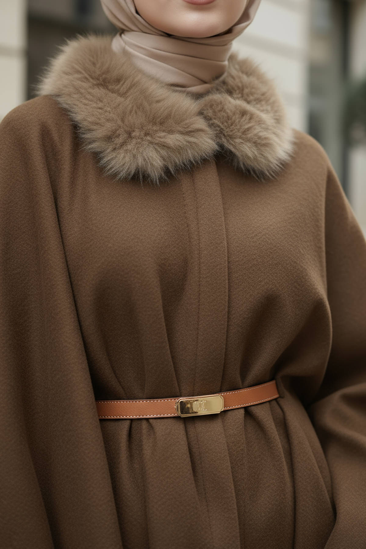 Kürk Yaka Kaşe Panço 81204 - KAHVERENGİ |  