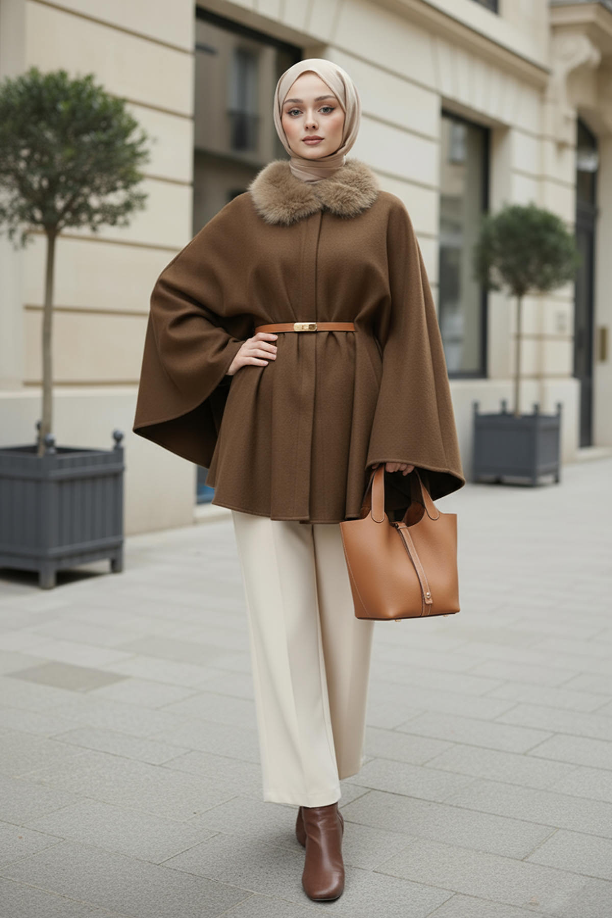 Kürk Yaka Kaşe Panço 81204 - KAHVERENGİ |  