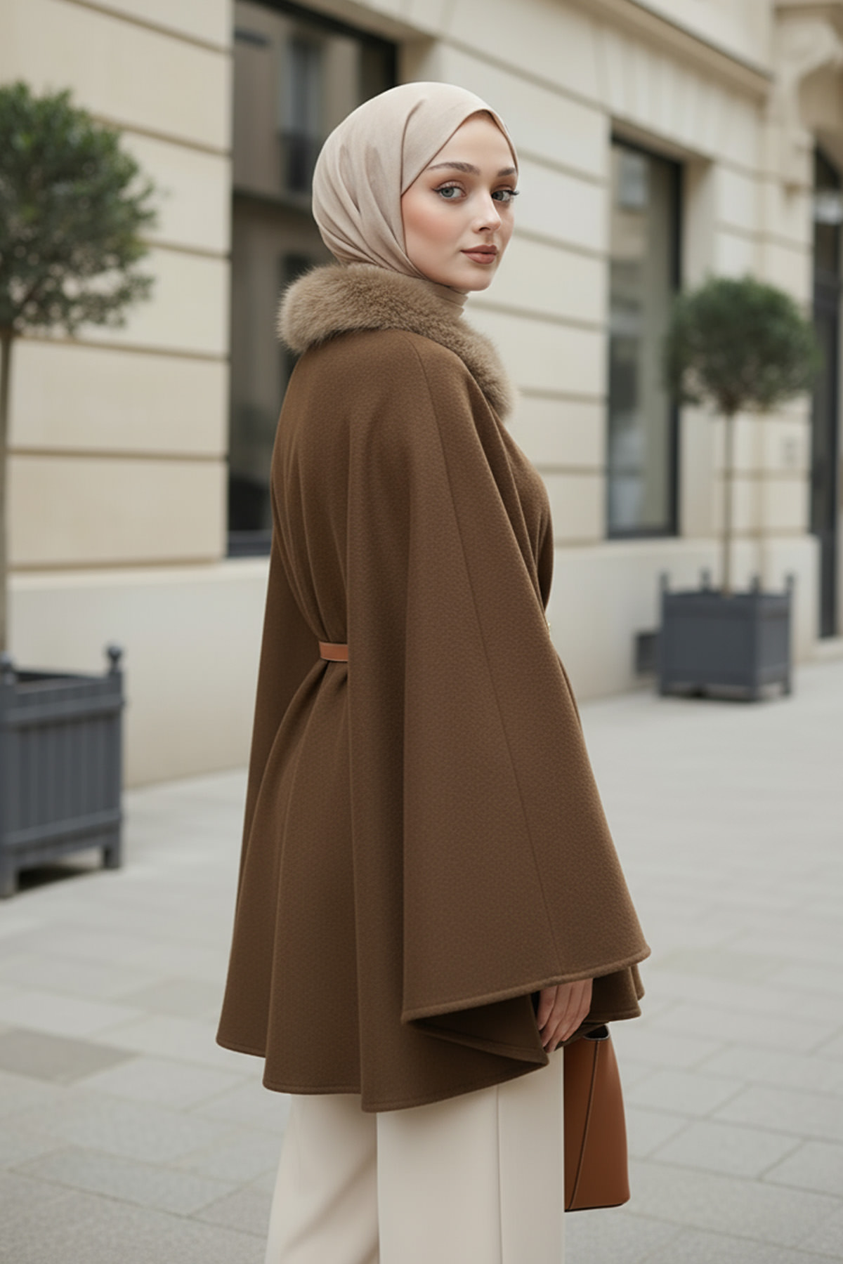 Kürk Yaka Kaşe Panço 81204 - KAHVERENGİ |  