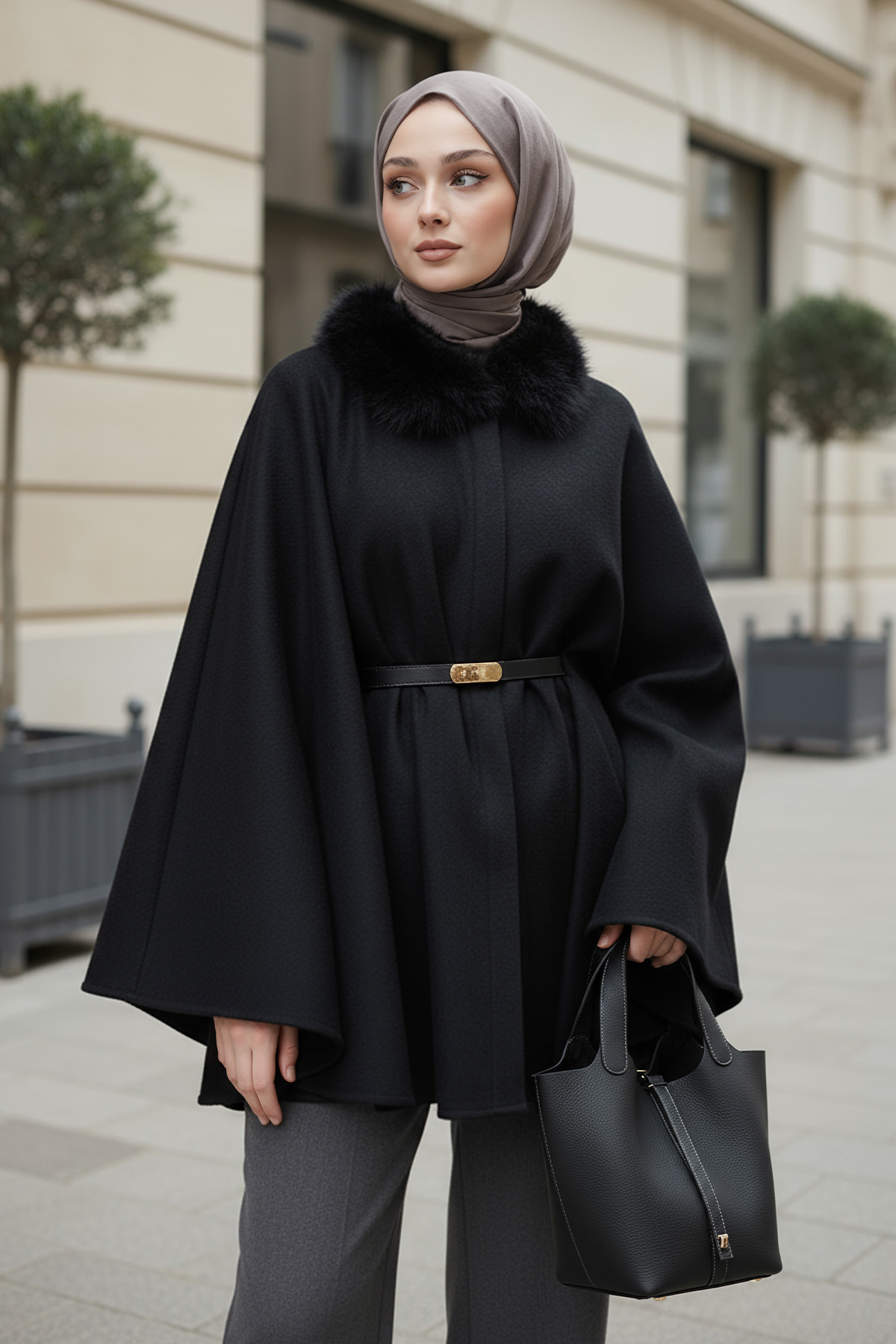 Kürk Yaka Kaşe Panço 81204 - SİYAH |  