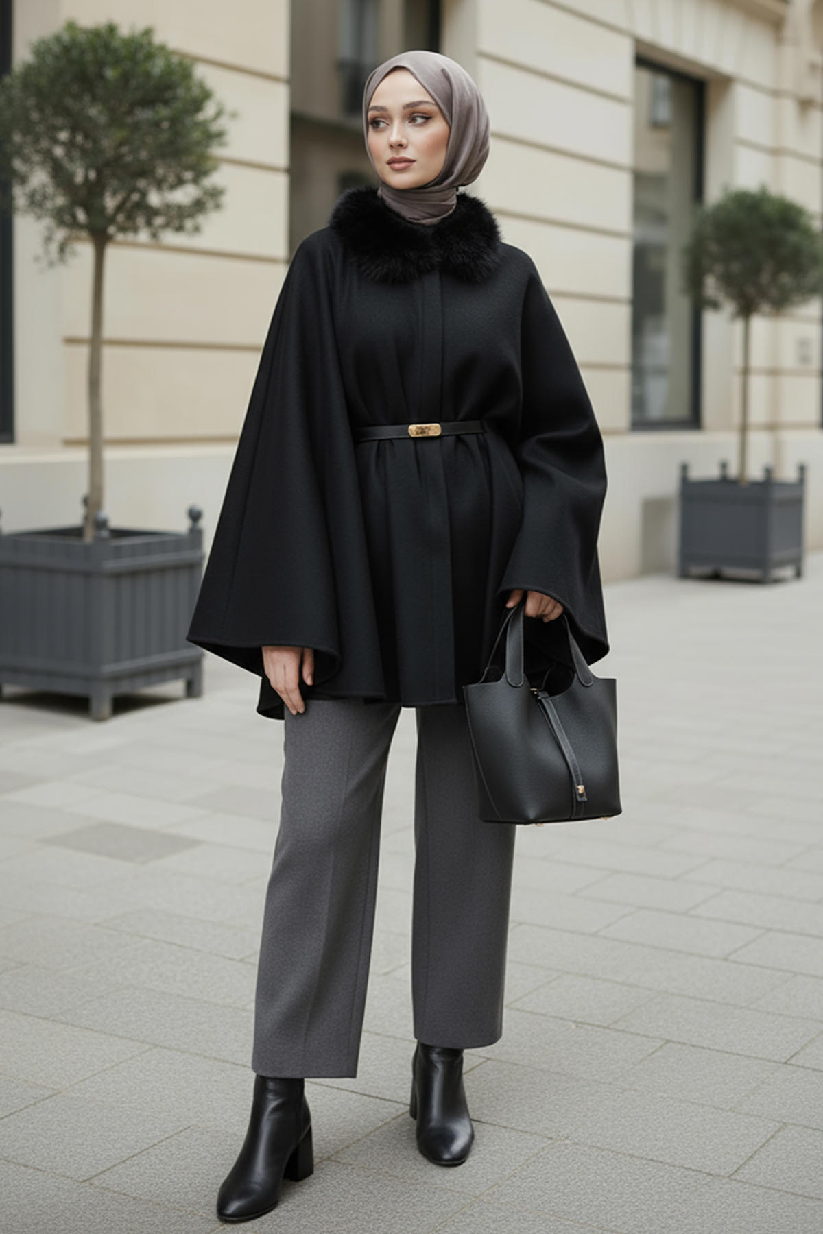 Kürk Yaka Kaşe Panço 81204 - SİYAH |  