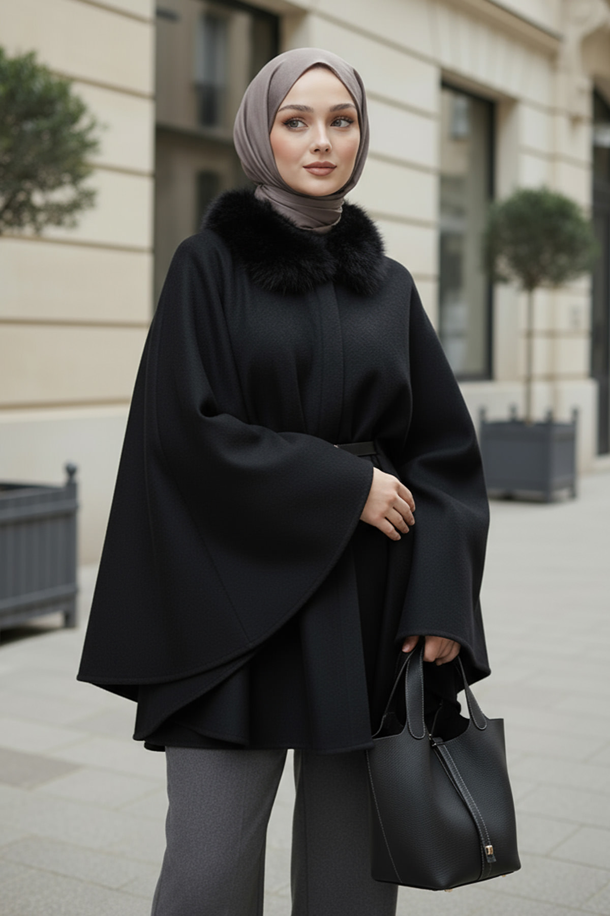 Kürk Yaka Kaşe Panço 81204 - SİYAH |  