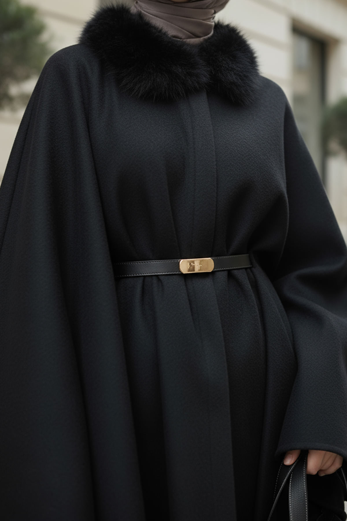 Kürk Yaka Kaşe Panço 81204 - SİYAH |  