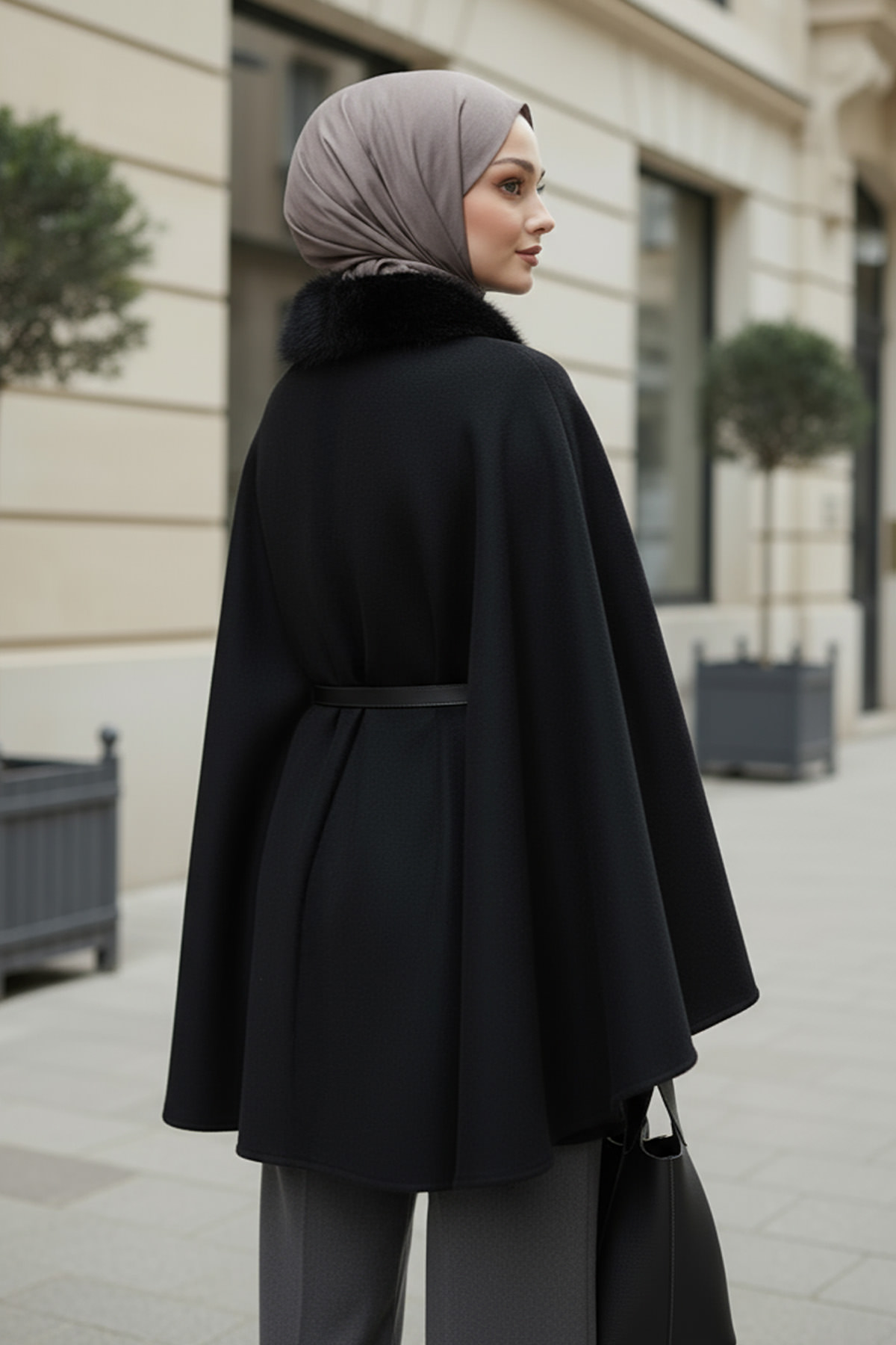 Kürk Yaka Kaşe Panço 81204 - SİYAH |  