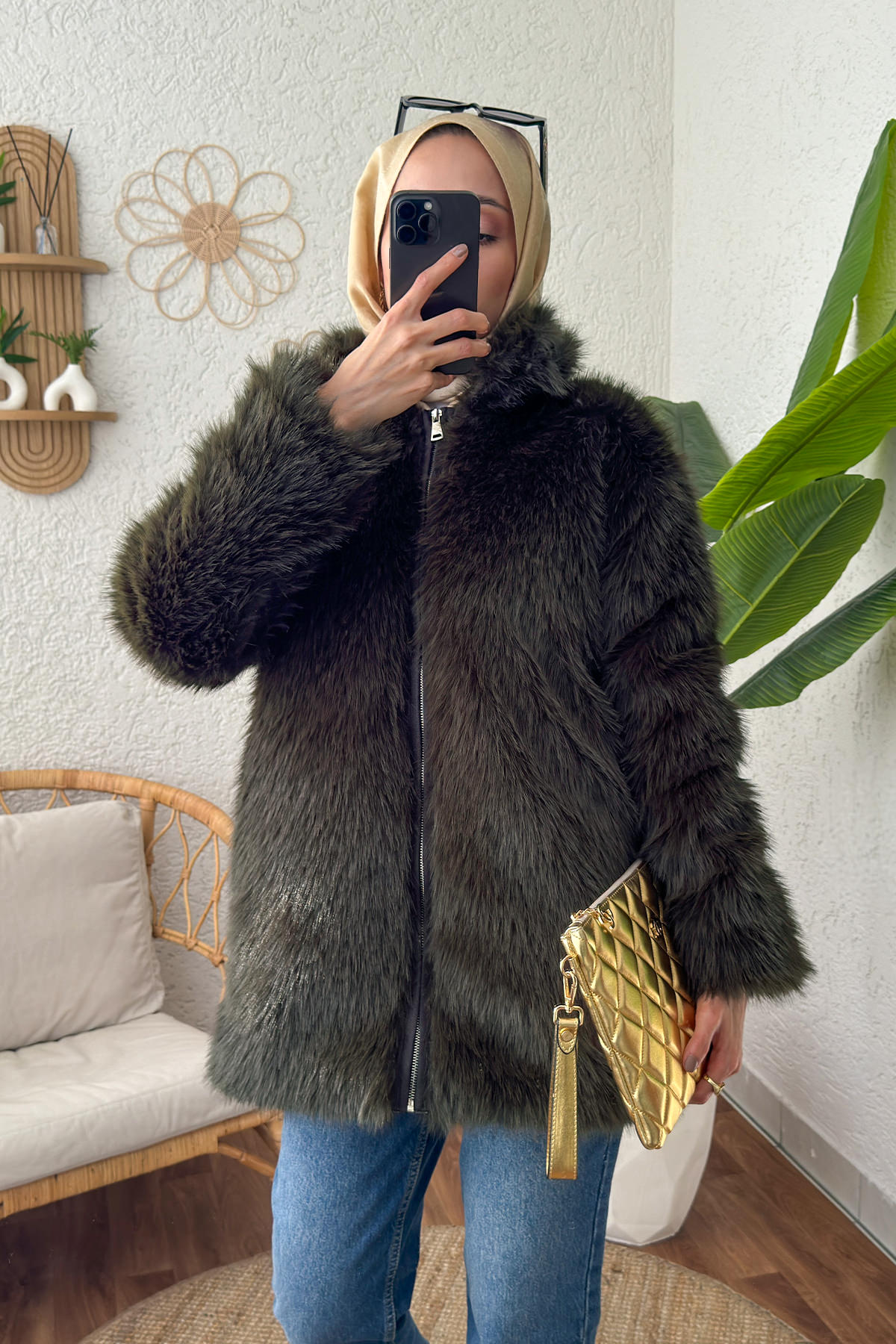 4107 Suni Kürk Mont - HAKİ |  