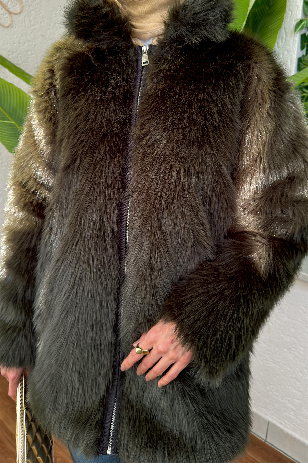 4107 Suni Kürk Mont - HAKİ |  