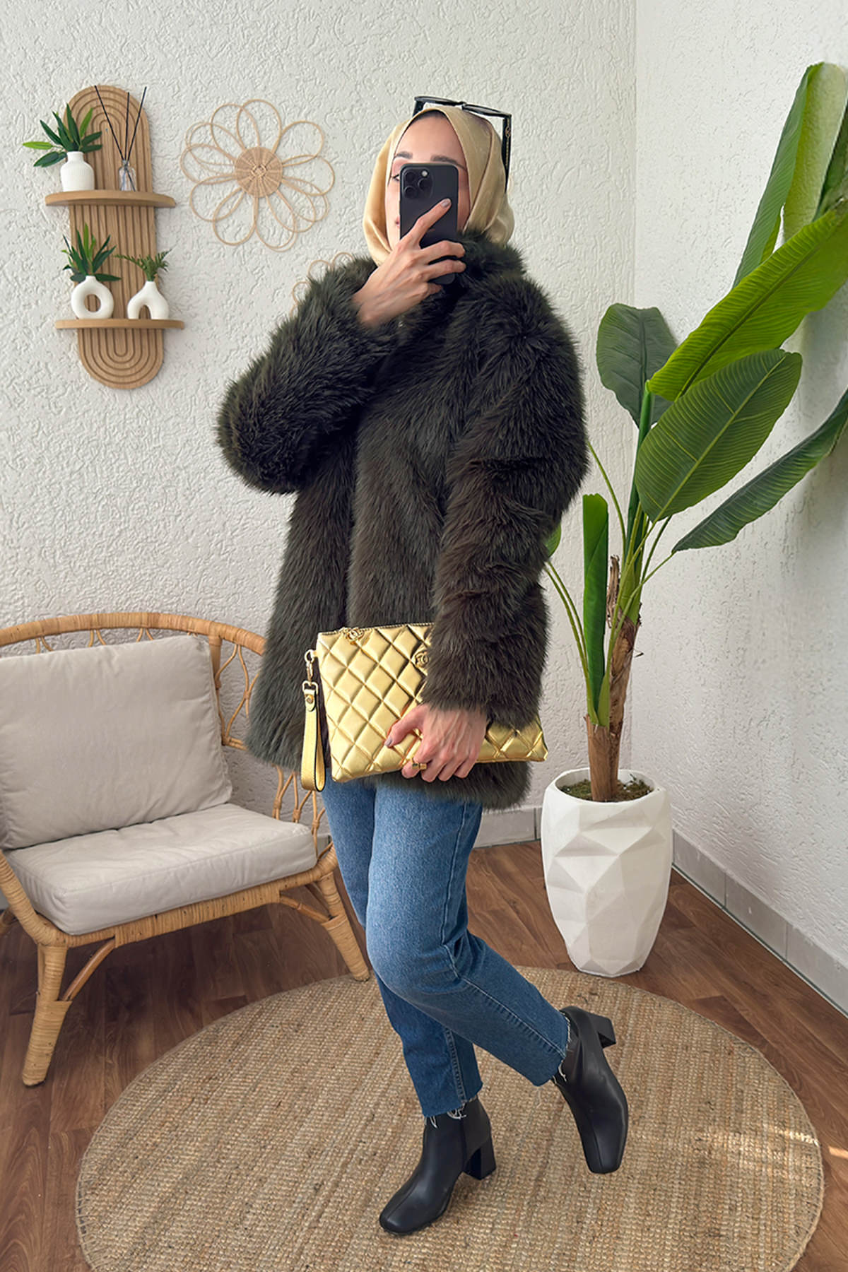 4107 Suni Kürk Mont - HAKİ |  