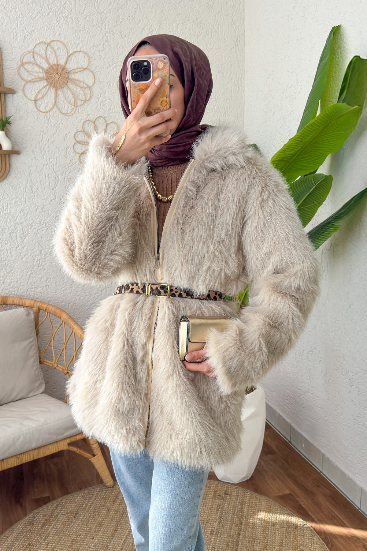 4107 Premium Suni Kürk Mont - Taş Rengi |  