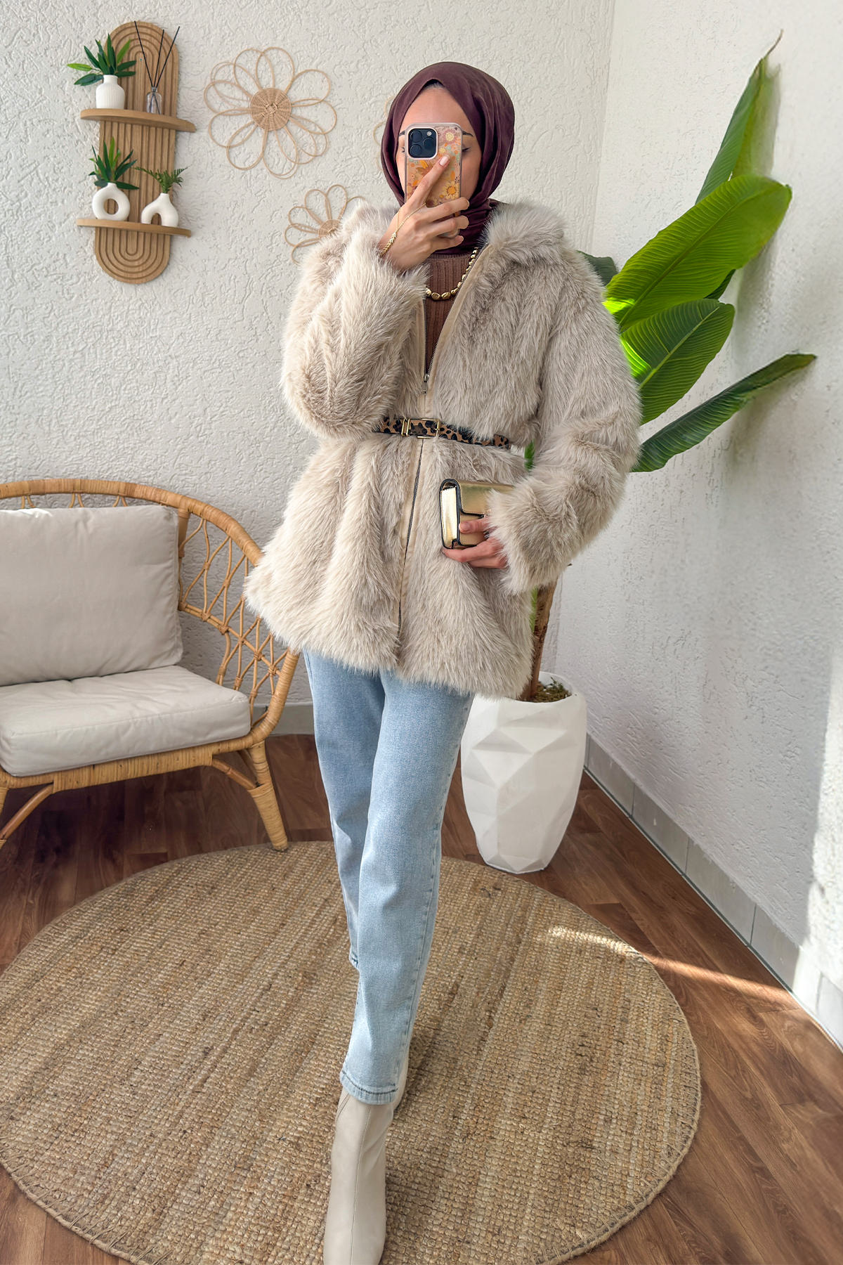 4107 Premium Suni Kürk Mont - Taş Rengi |  