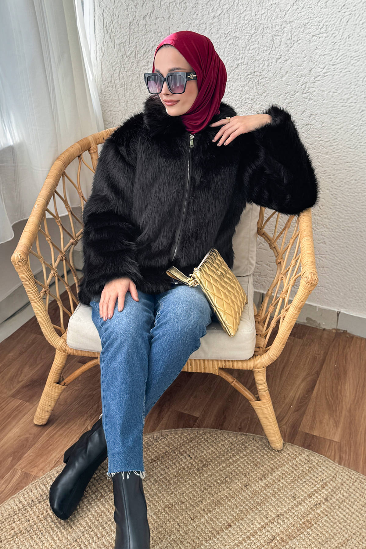 4107 Suni Kürk Mont - Siyah |  