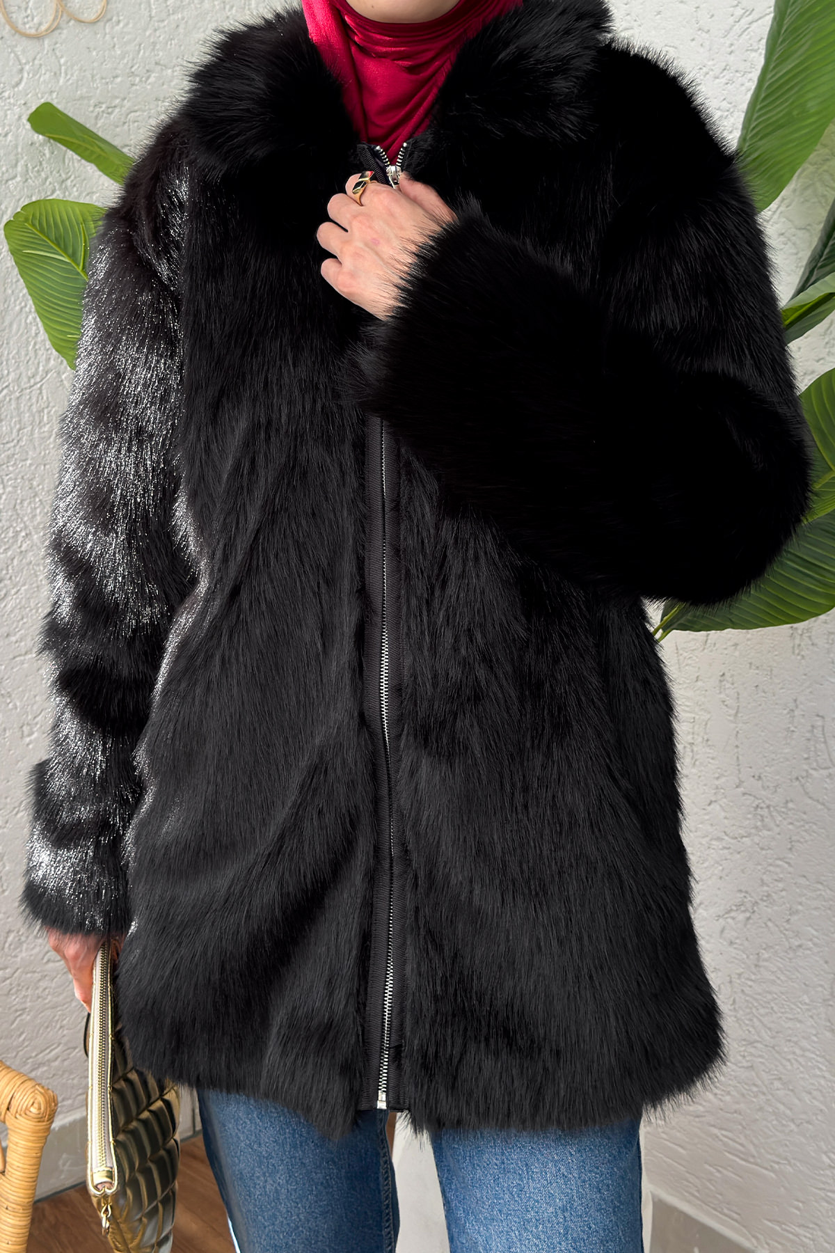 4107 Suni Kürk Mont - Siyah |  