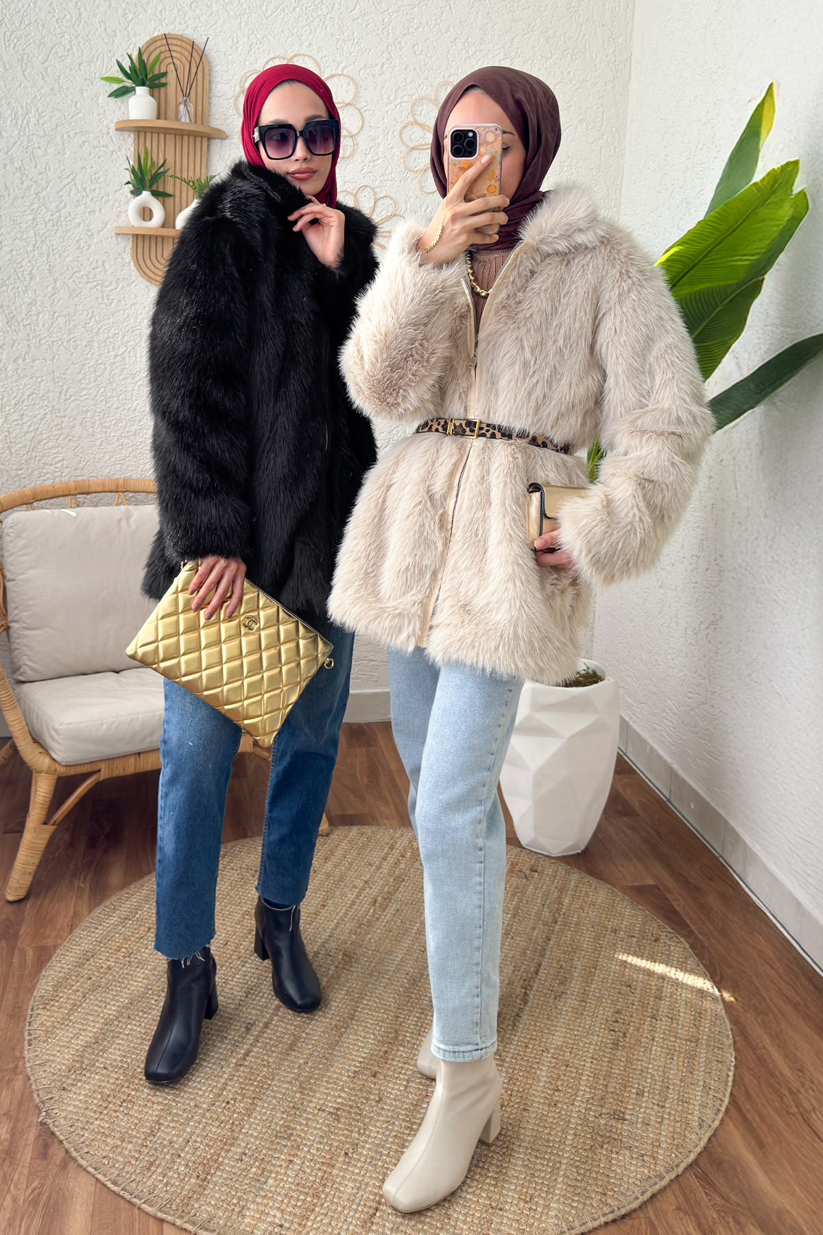 4107 Suni Kürk Mont - Siyah |  