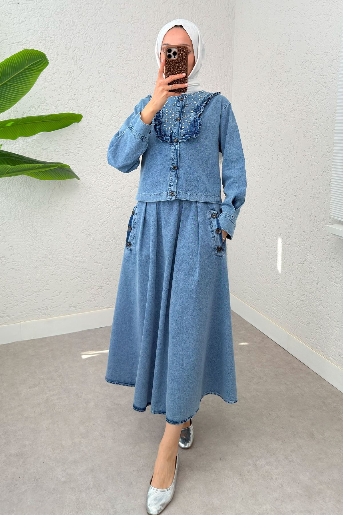 Fırfırlı Denim Etekli Takım 6120 - MAVİ |  