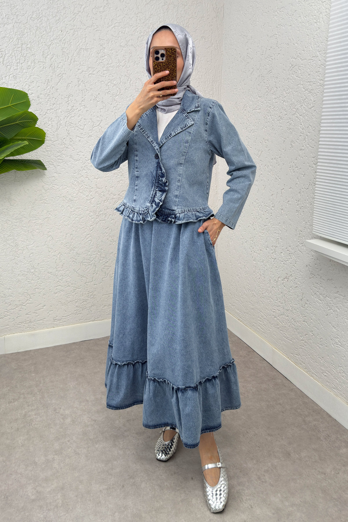 Fırfır Detaylı Denim Takım 6121 - MAVİ |  