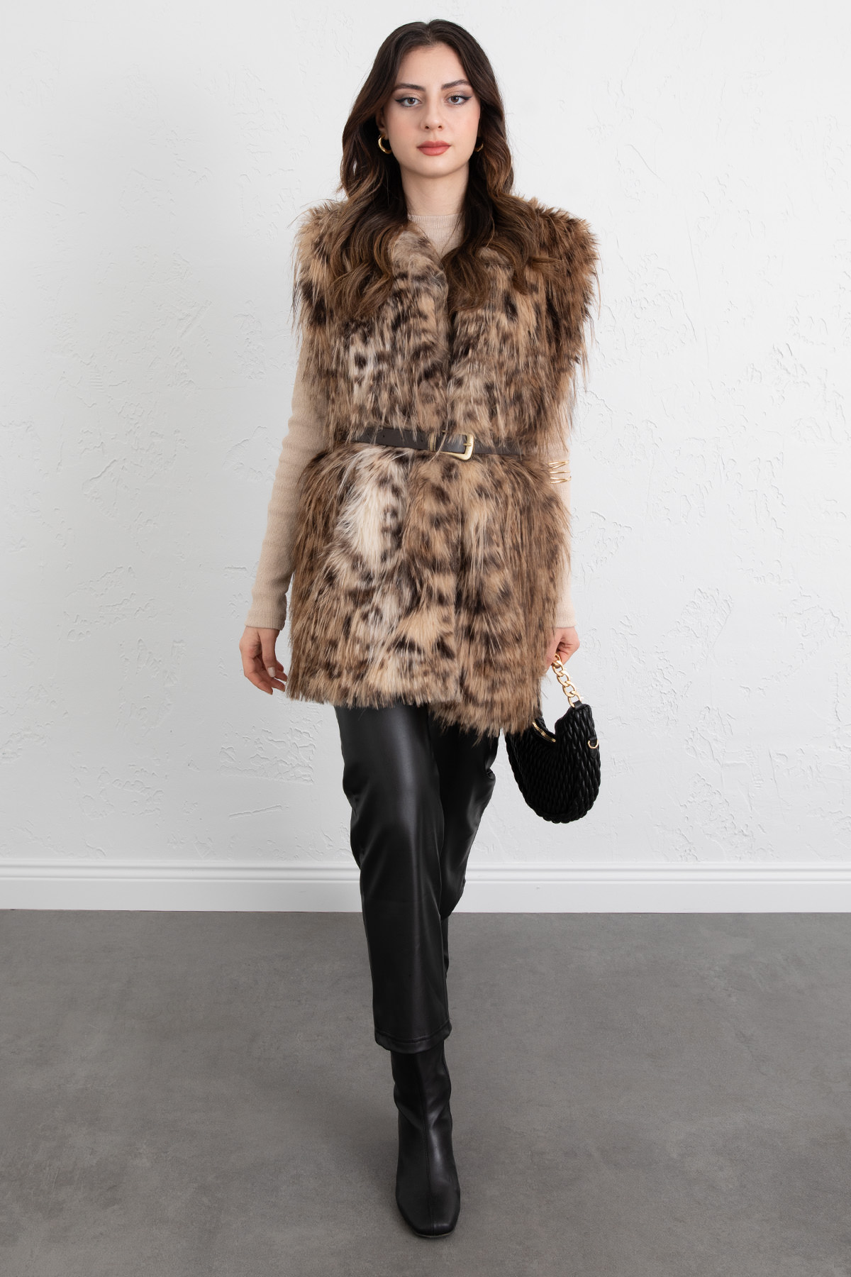 Leopar Desen Kemerli Yelek 8954 - KAHVERENGİ |  