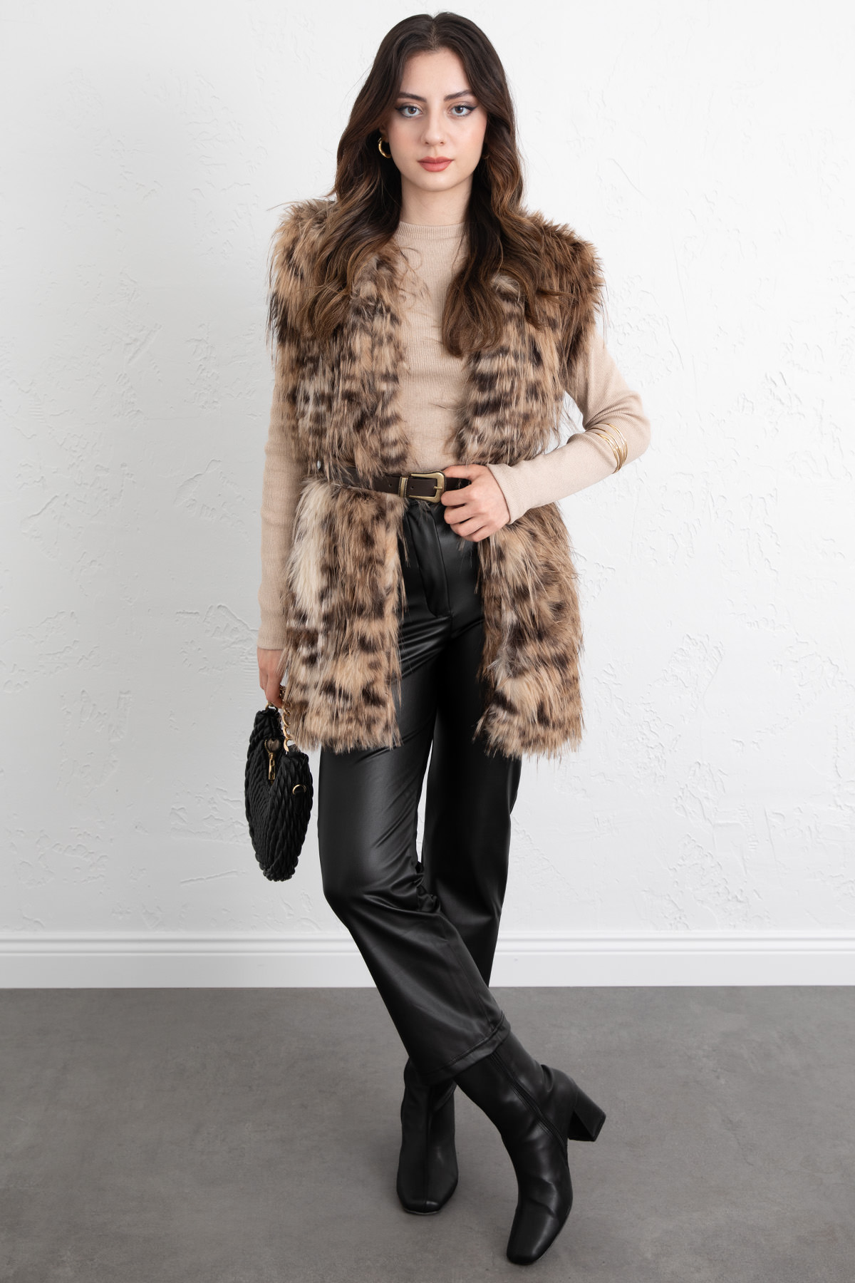 Leopar Desen Kemerli Yelek 8954 - KAHVERENGİ |  