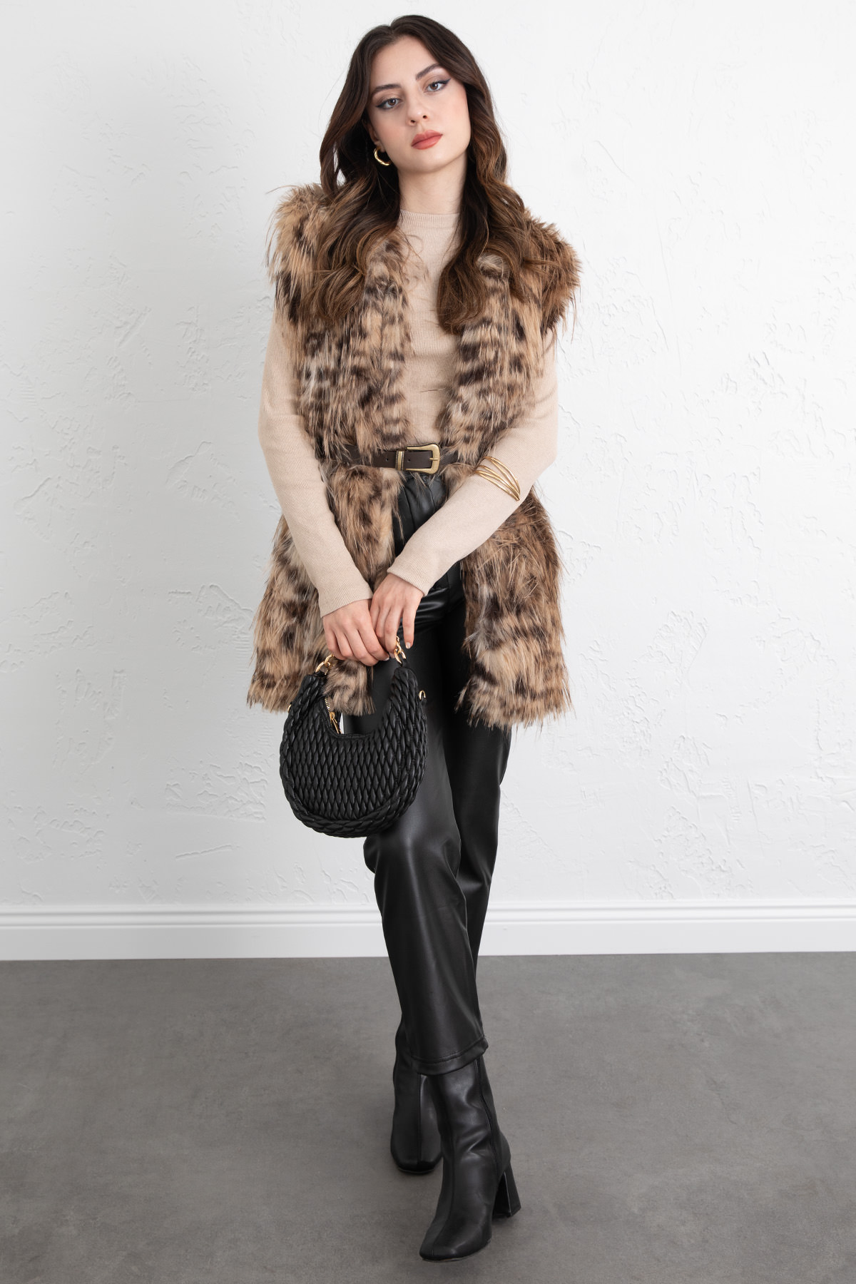 Leopar Desen Kemerli Yelek 8954 - KAHVERENGİ |  