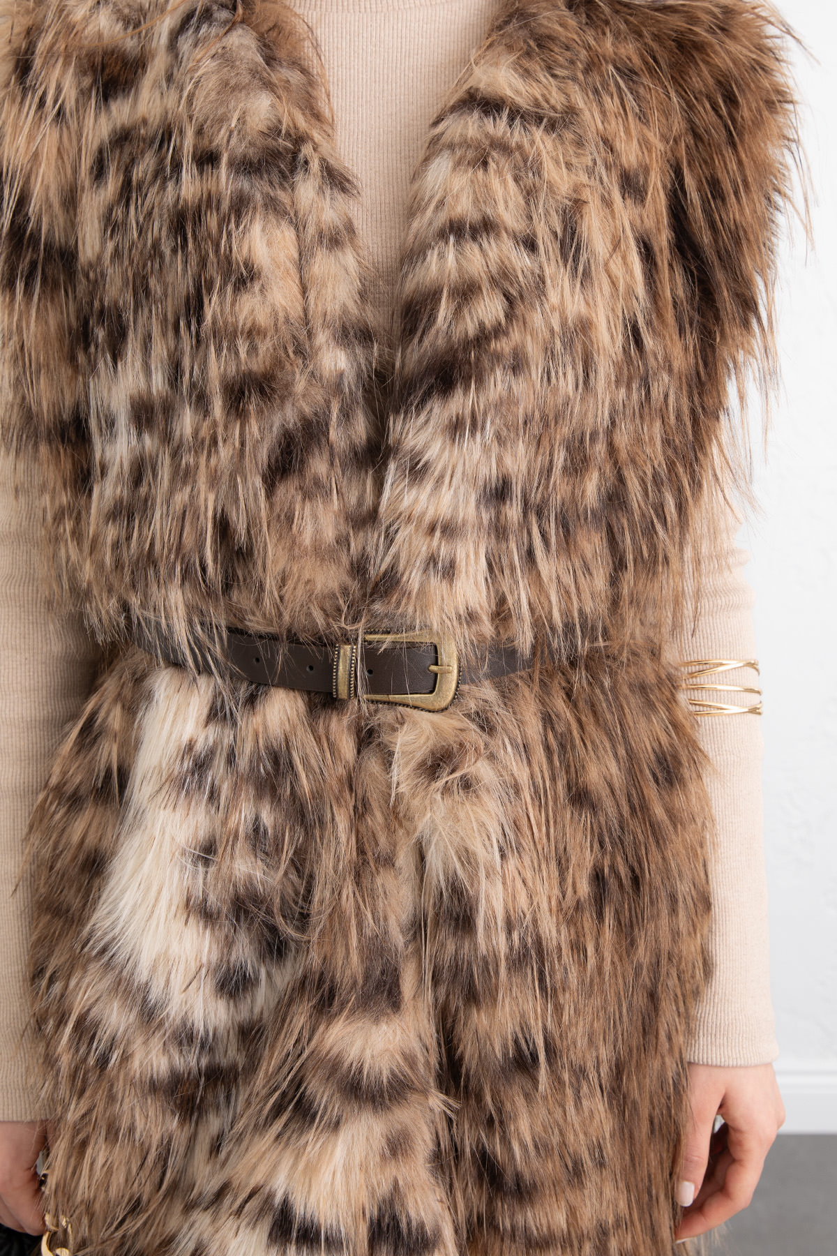 Leopar Desen Kemerli Yelek 8954 - KAHVERENGİ |  