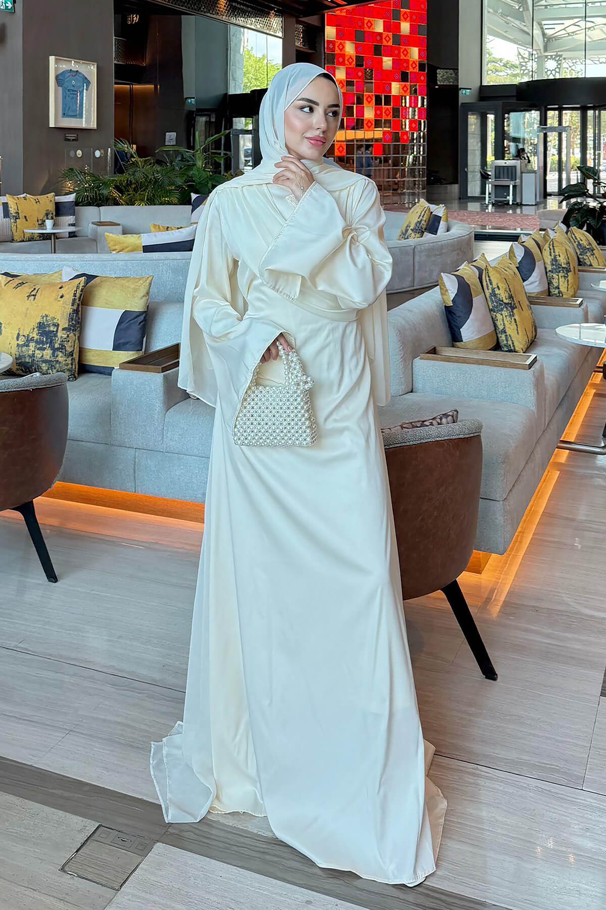 Pelerinli Saten Abiye Elbise 9839 - KREM |  