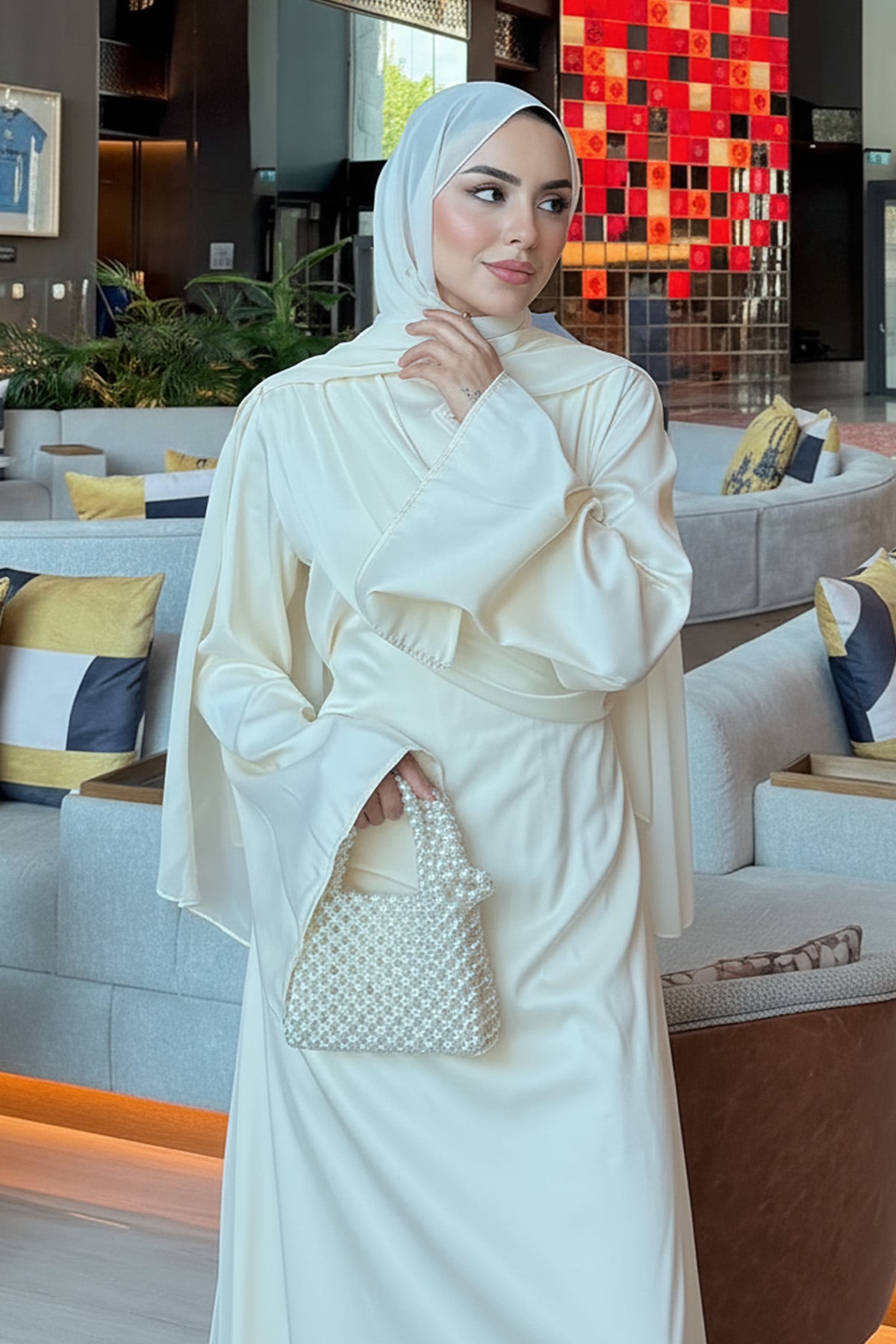 Pelerinli Saten Abiye Elbise 9839 - KREM |  