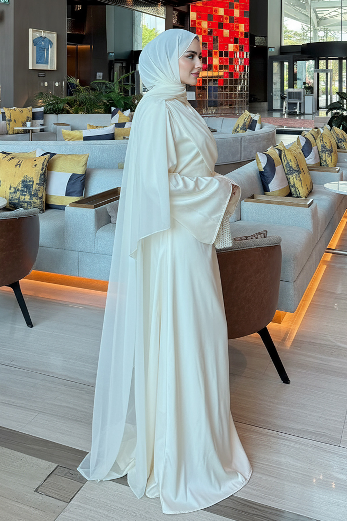 Pelerinli Saten Abiye Elbise 9839 - KREM |  