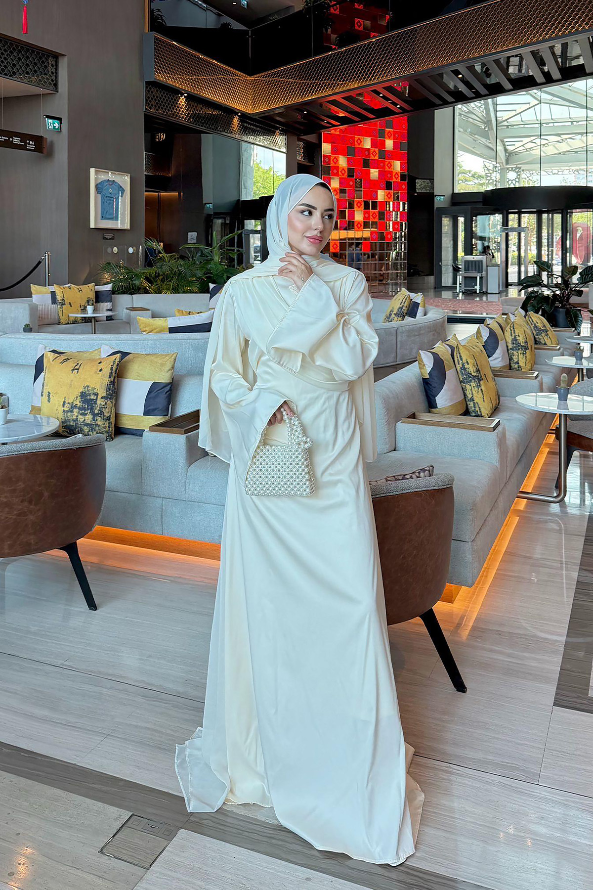 Pelerinli Saten Abiye Elbise 9839 - KREM |  