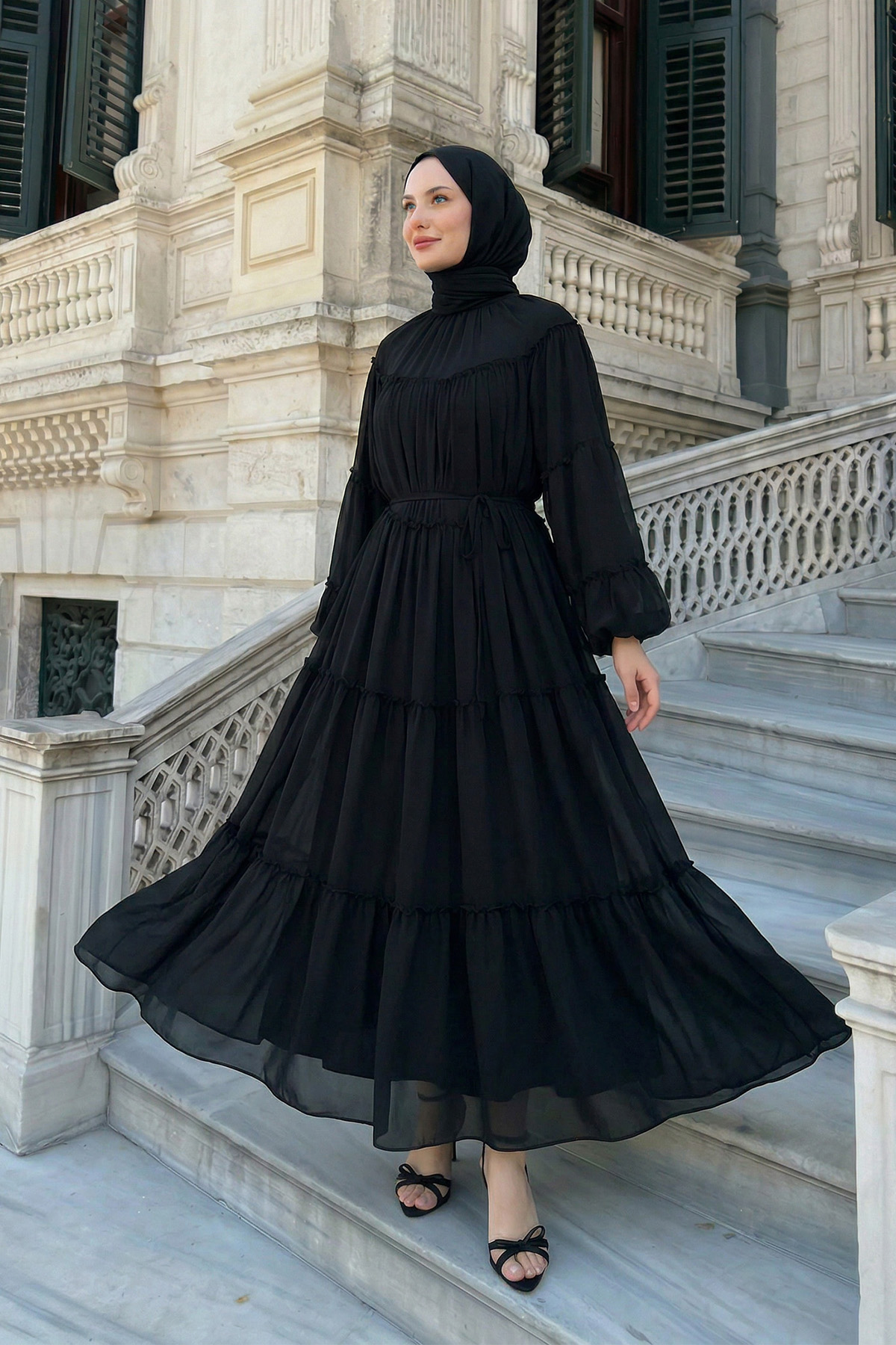 Şifon Fırfırlı Elbise 9886 - SİYAH |  