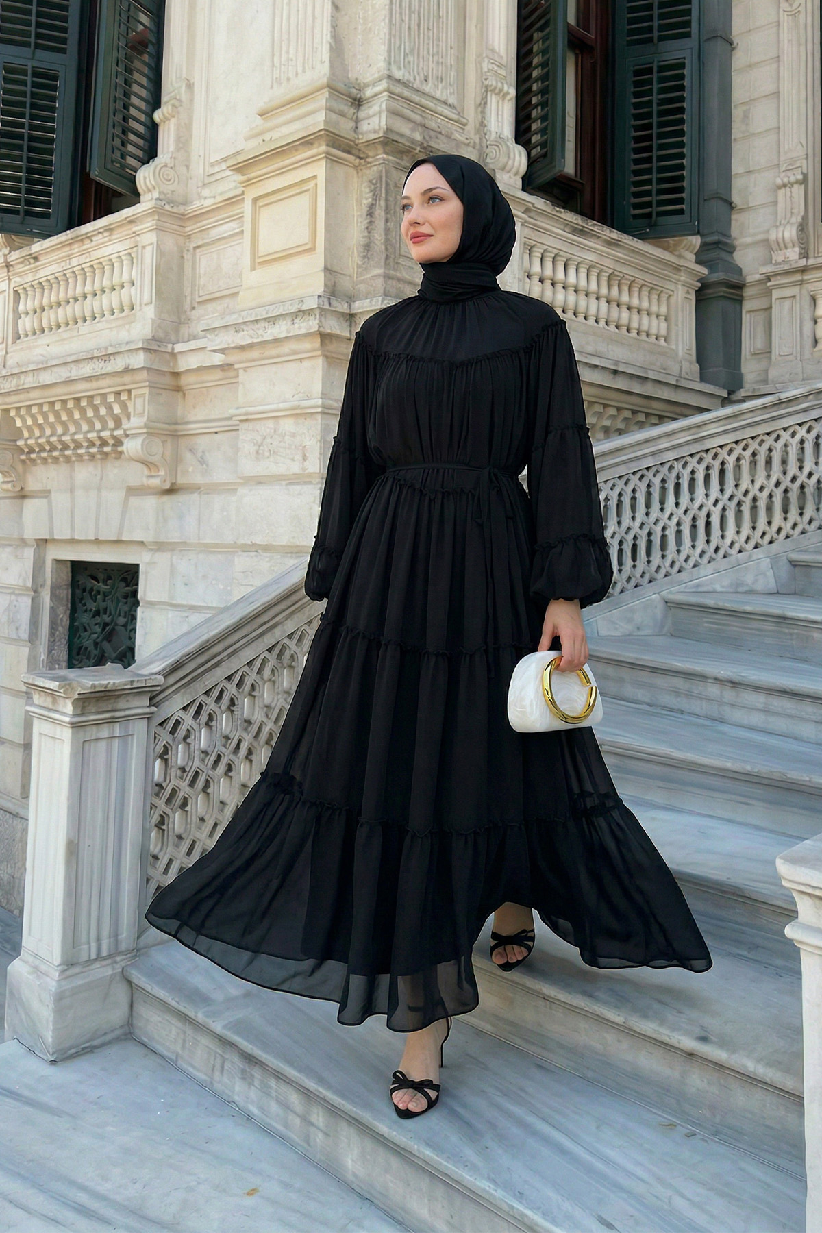 Şifon Fırfırlı Elbise 9886 - SİYAH |  