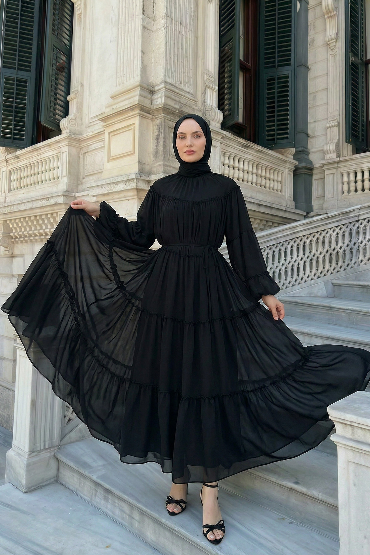 Şifon Fırfırlı Elbise 9886 - SİYAH |  