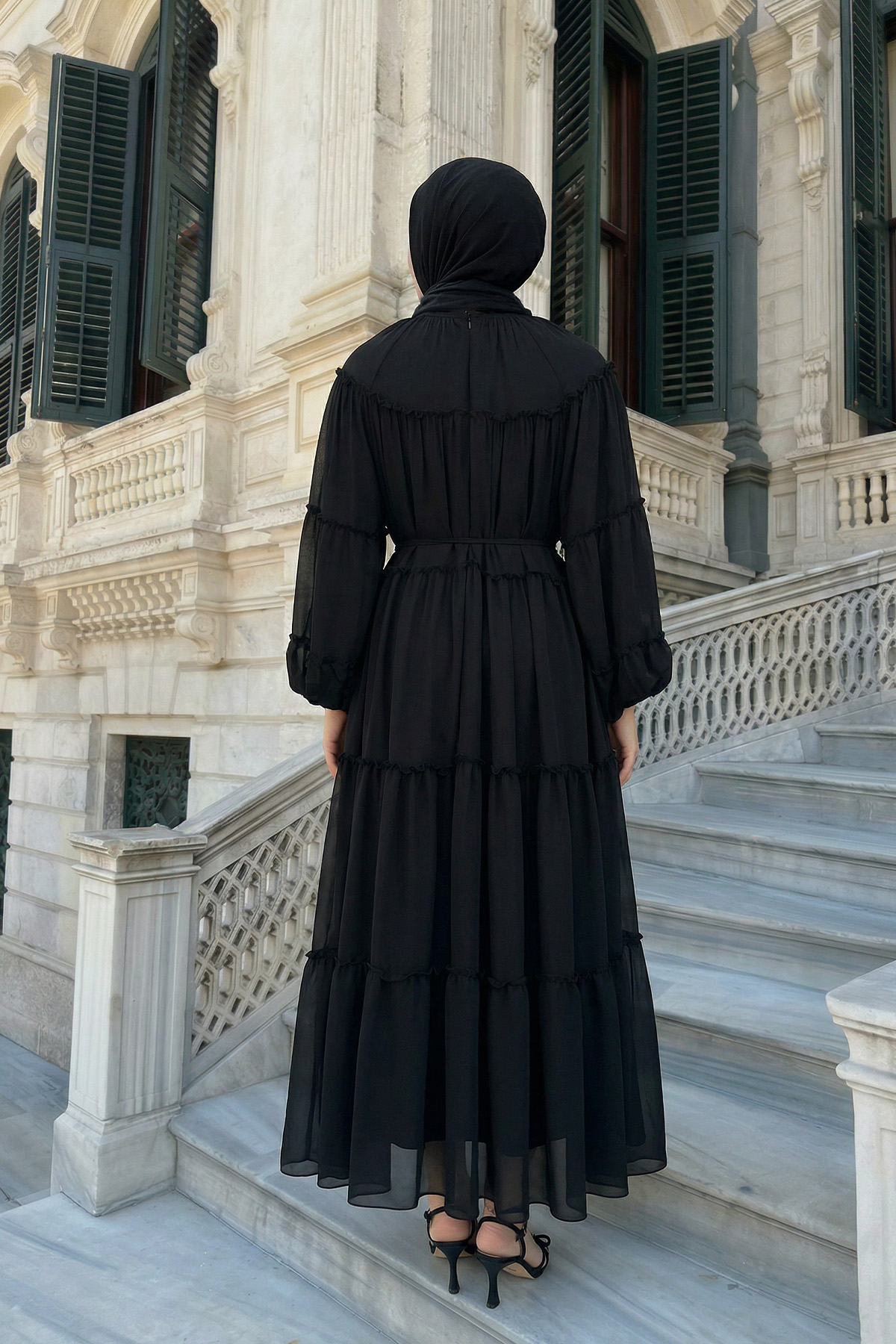 Şifon Fırfırlı Elbise 9886 - SİYAH |  