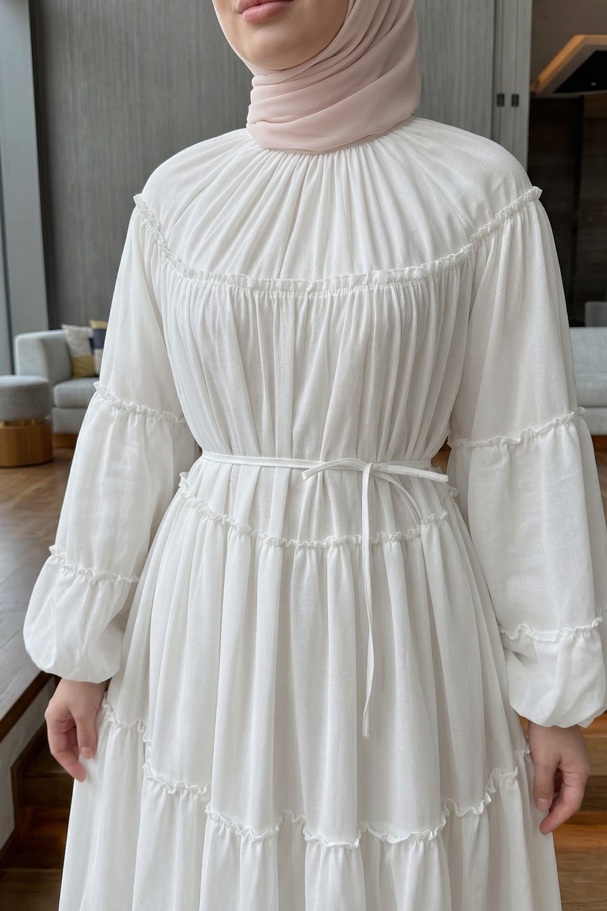 Şifon Fırfırlı Elbise Y0063 - BEYAZ |  