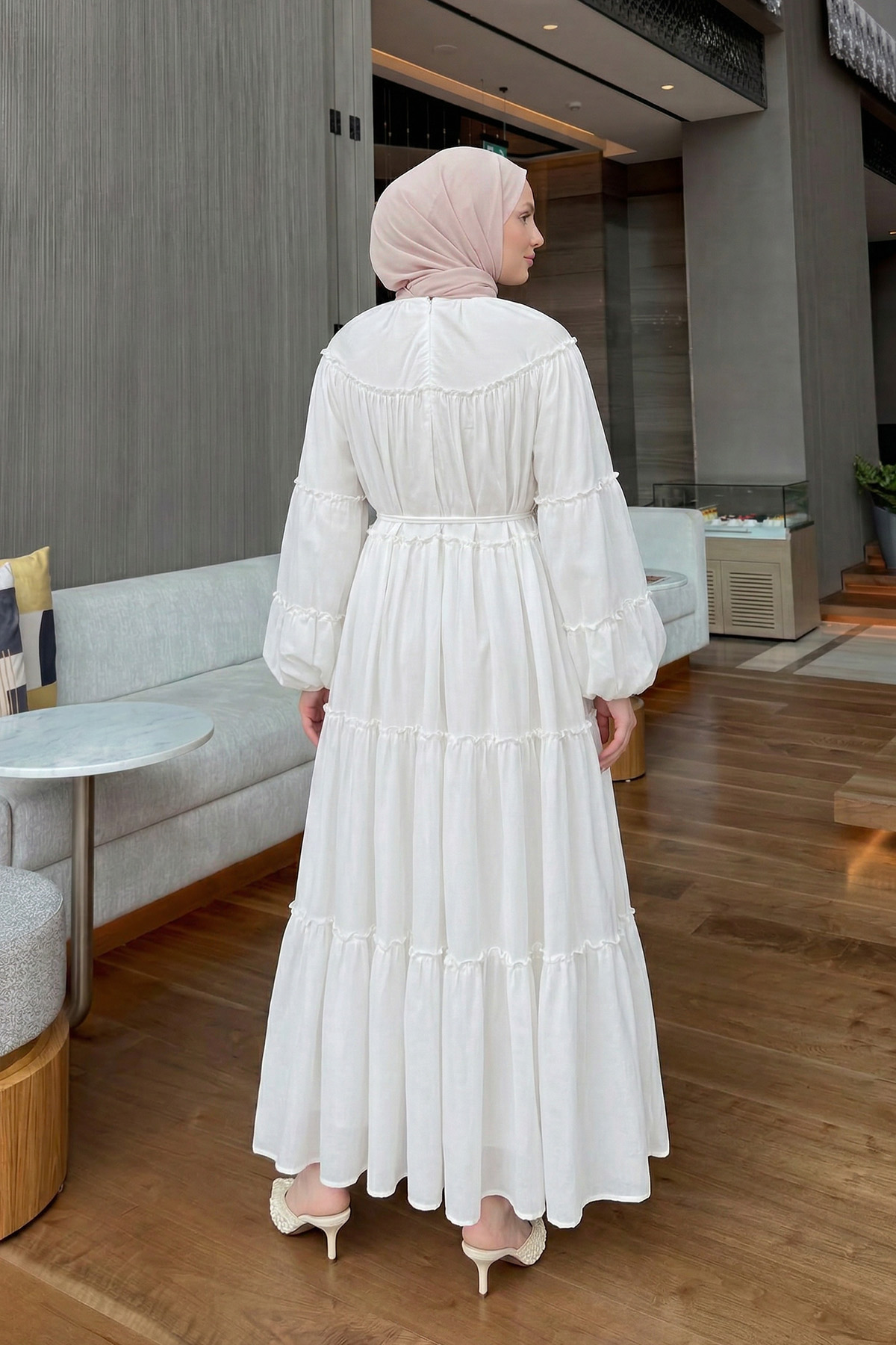 Şifon Fırfırlı Elbise Y0063 - BEYAZ |  