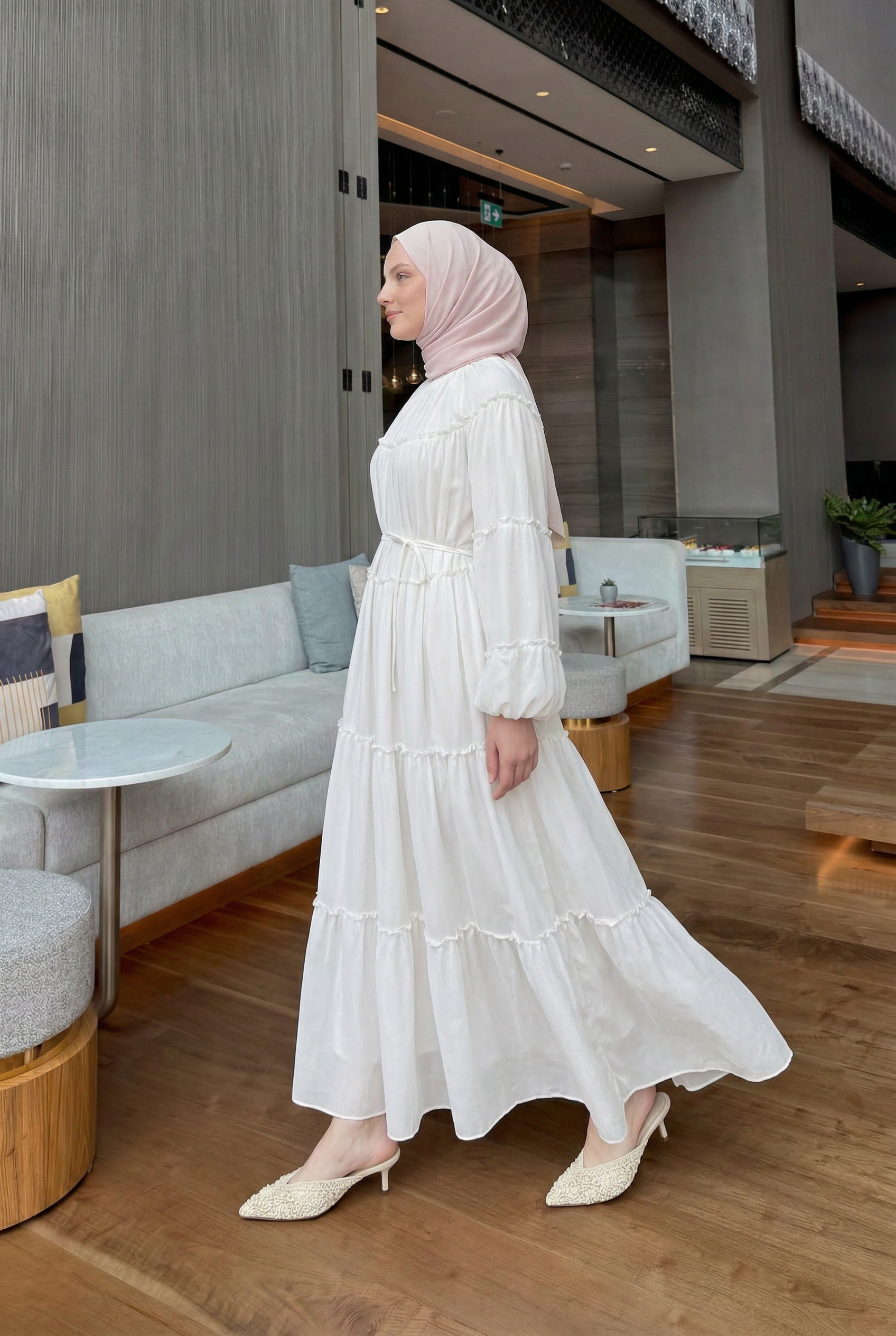 Şifon Fırfırlı Elbise Y0063 - BEYAZ |  