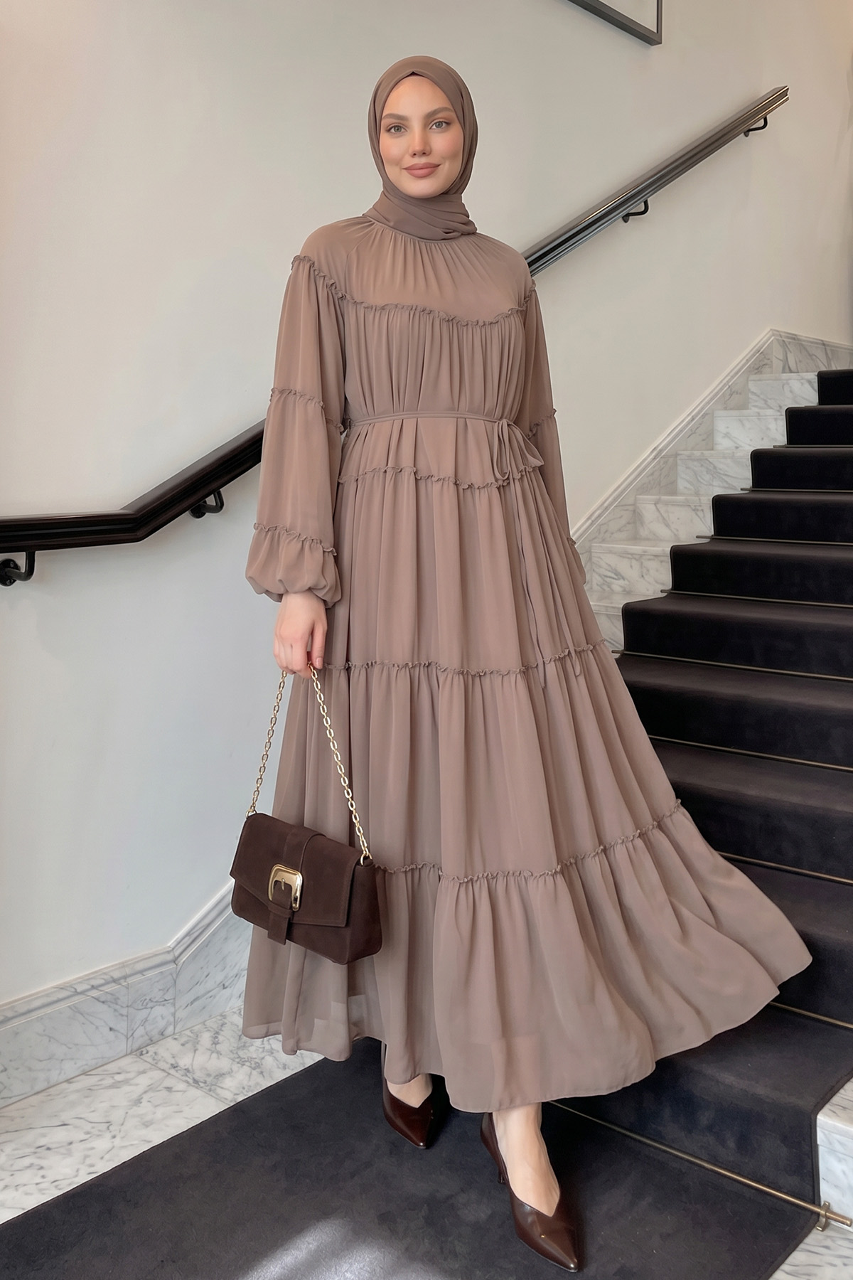 Şifon Fırfırlı Elbise 9886 - VİZON |  