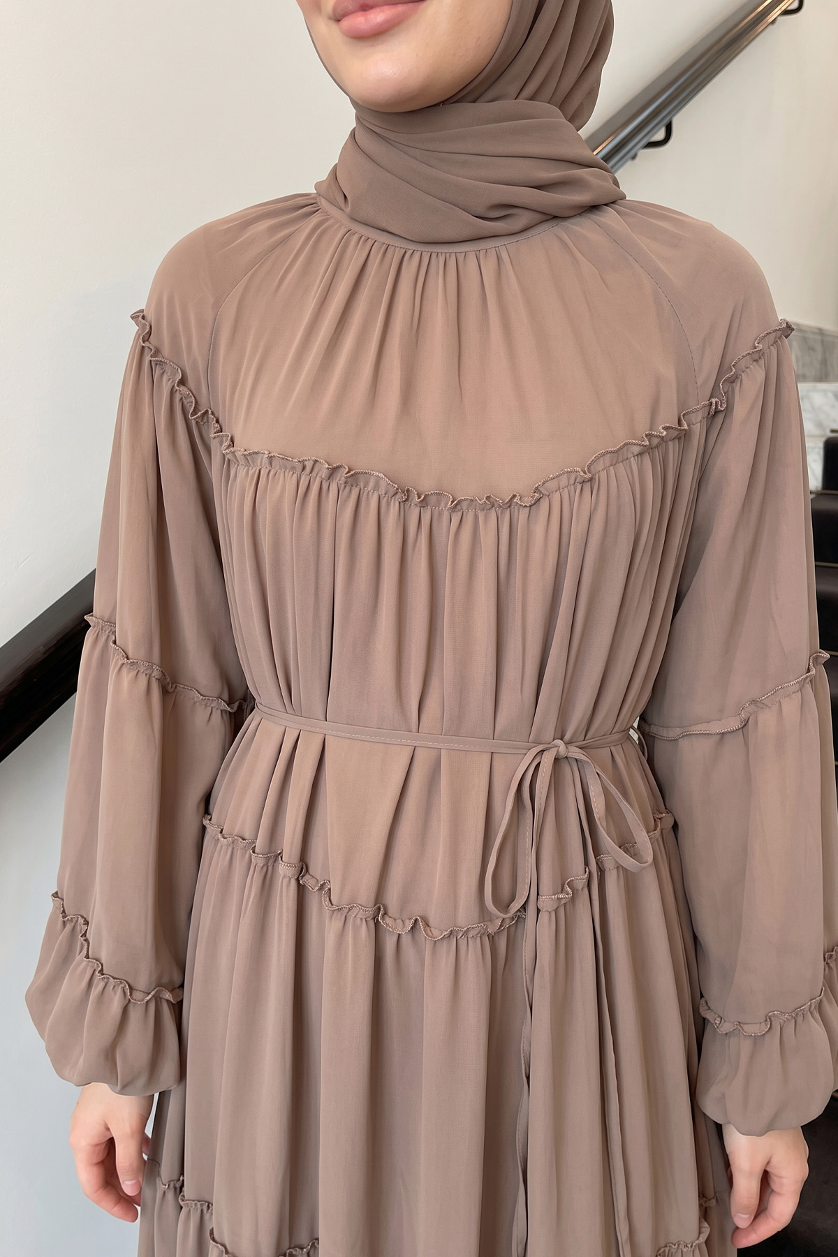 Şifon Fırfırlı Elbise 9886 - VİZON |  