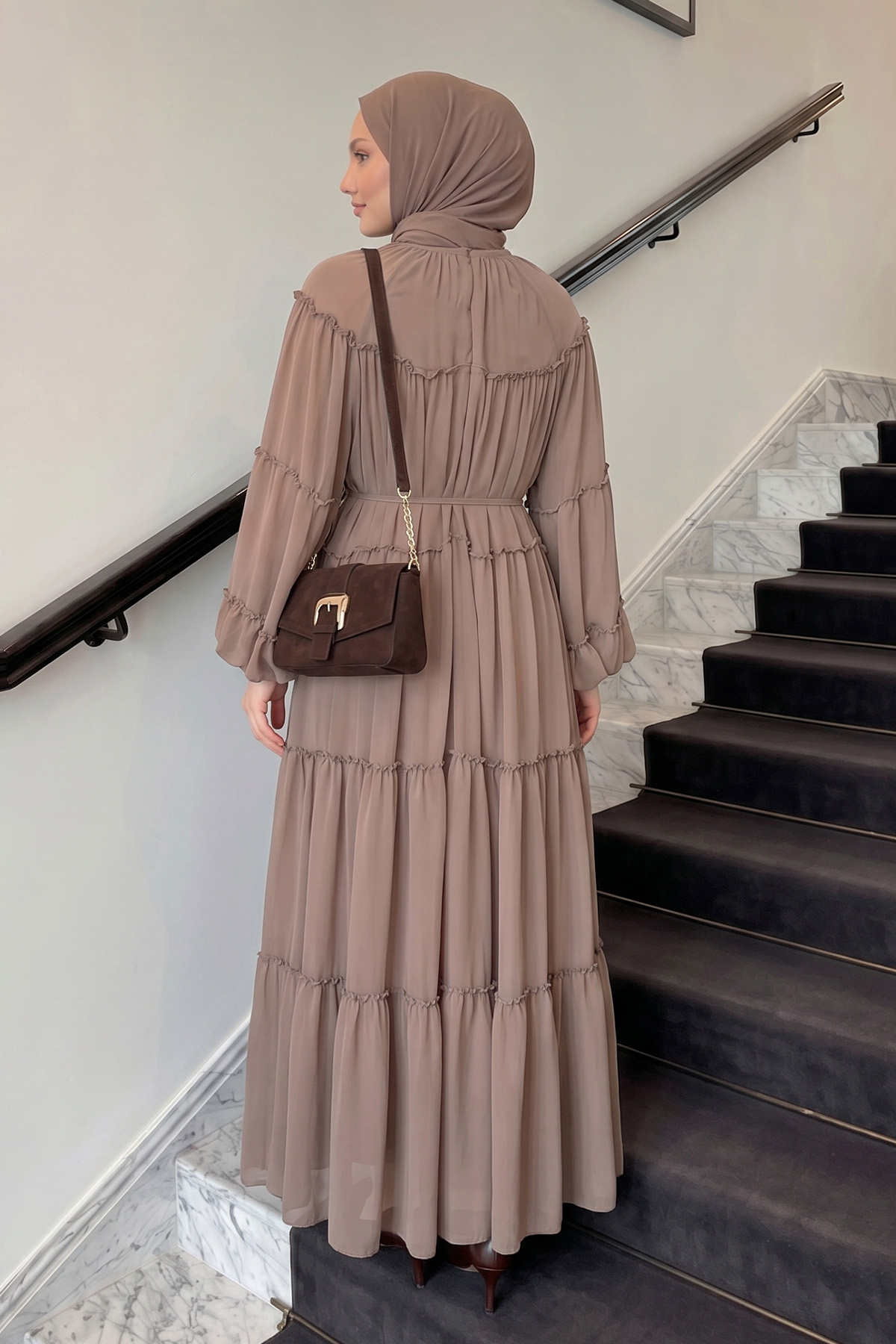 Şifon Fırfırlı Elbise 9886 - VİZON |  