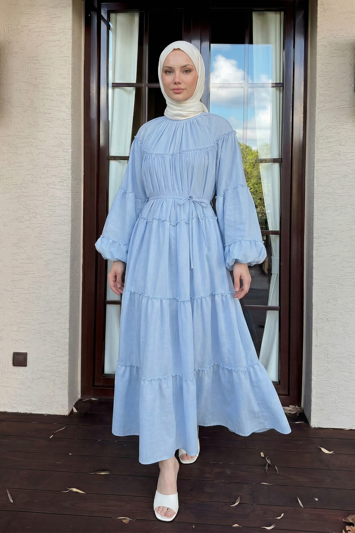 Şifon Fırfırlı Elbise Y0063 - BEBE MAVİSİ |  