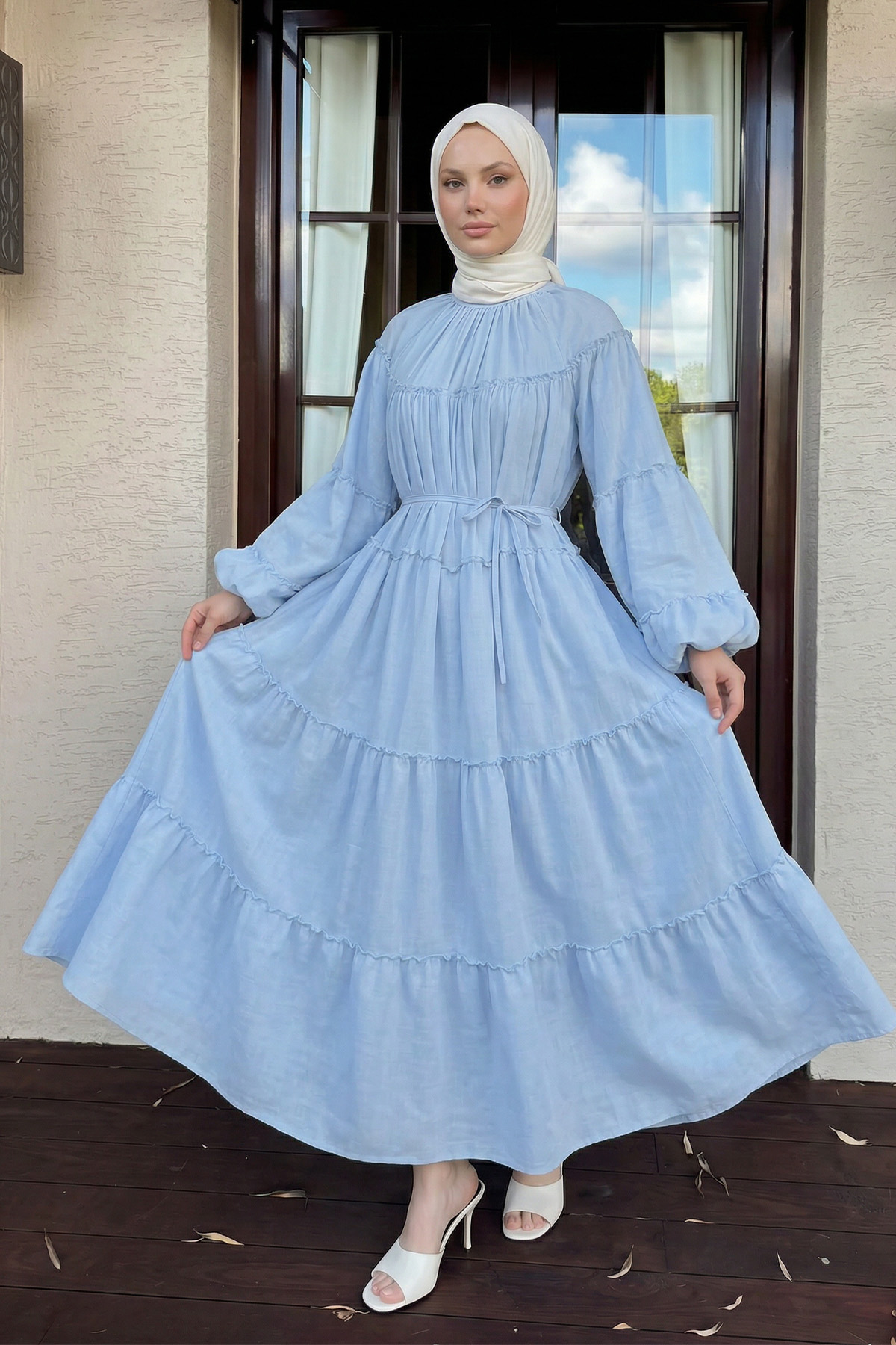 Şifon Fırfırlı Elbise Y0063 - BEBE MAVİSİ |  