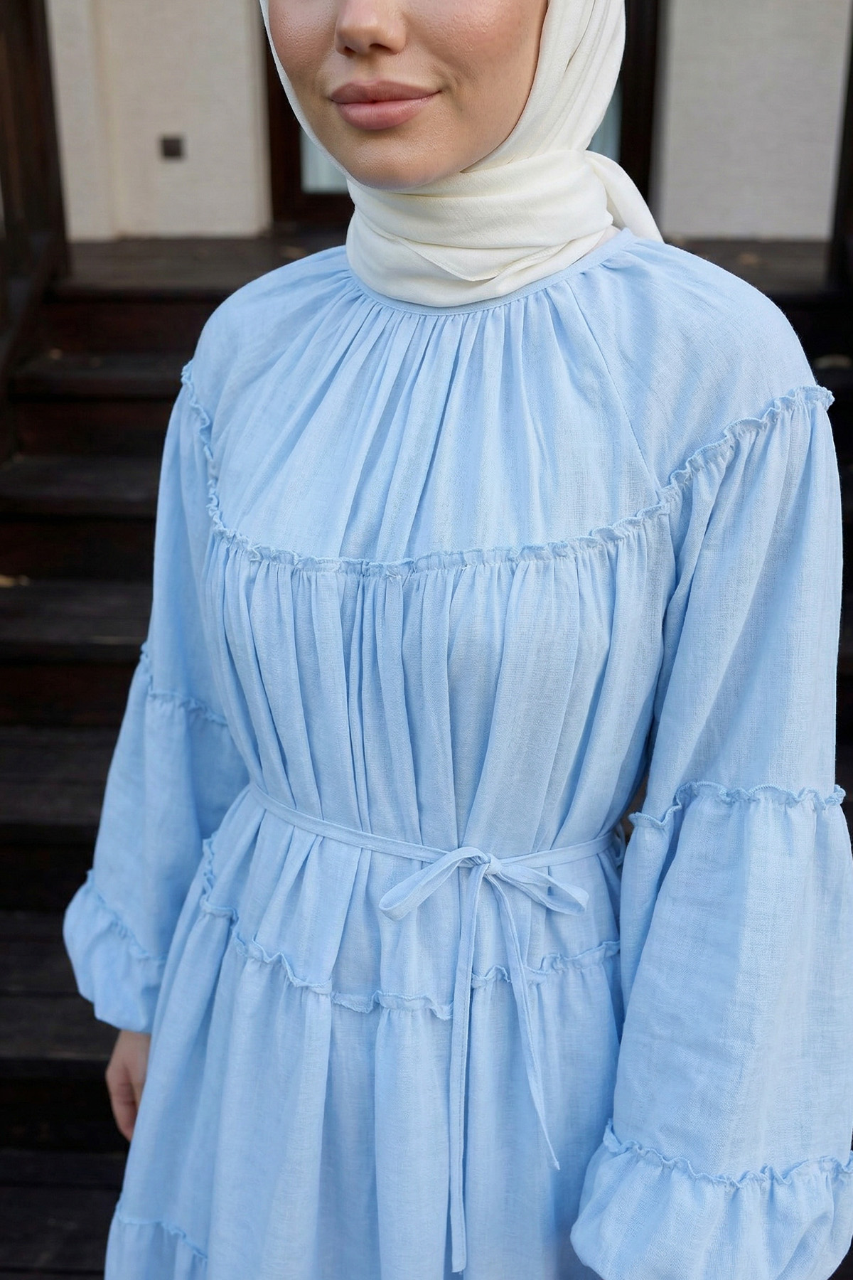 Şifon Fırfırlı Elbise Y0063 - BEBE MAVİSİ |  